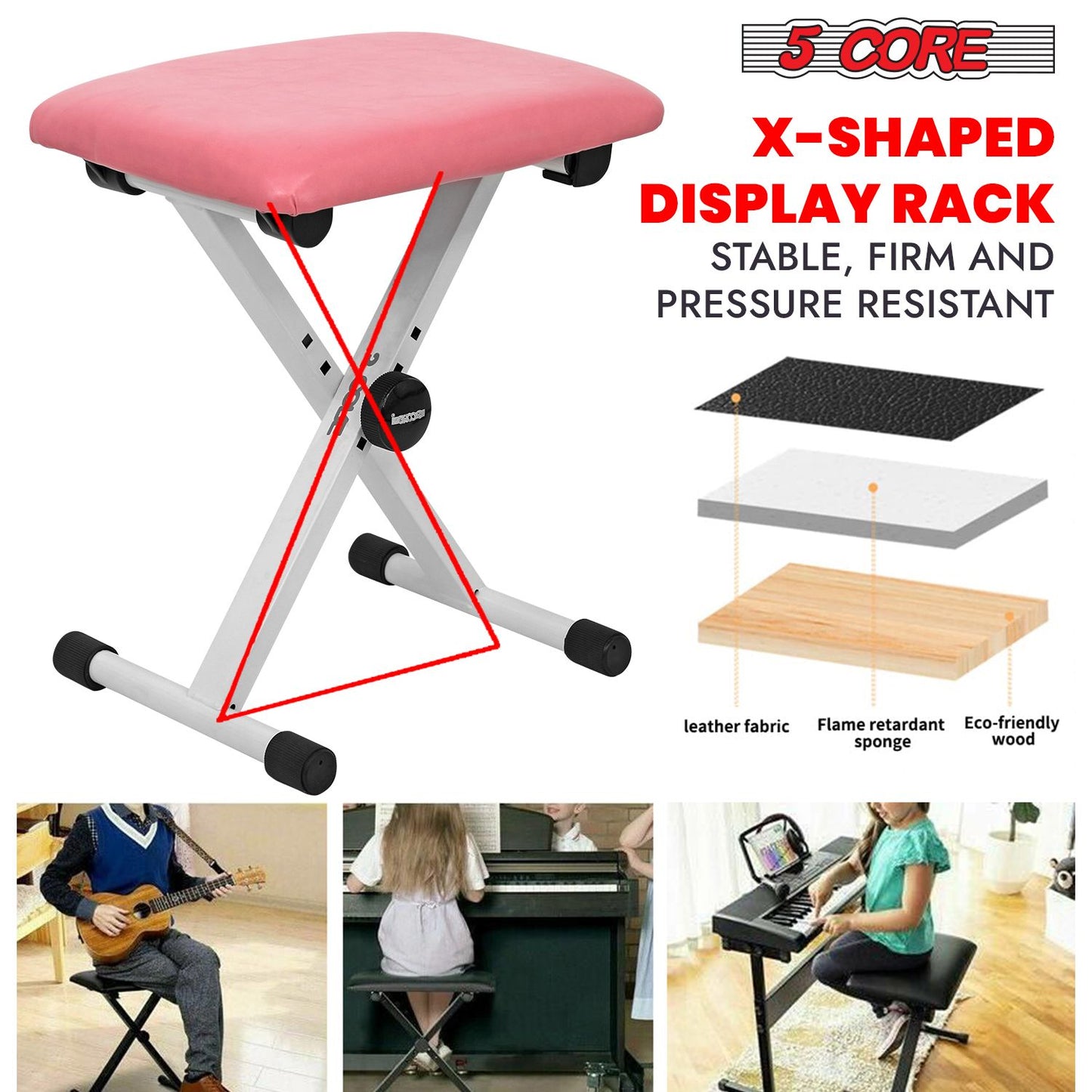 5 Core Keyboard Bench 2 Inch Padded Cushioned Piano Stool Height Adjustable Guitar Seat Folding Portable Musician Chair w Nonslip Rubber Feet Black - KBB 02 BLK.