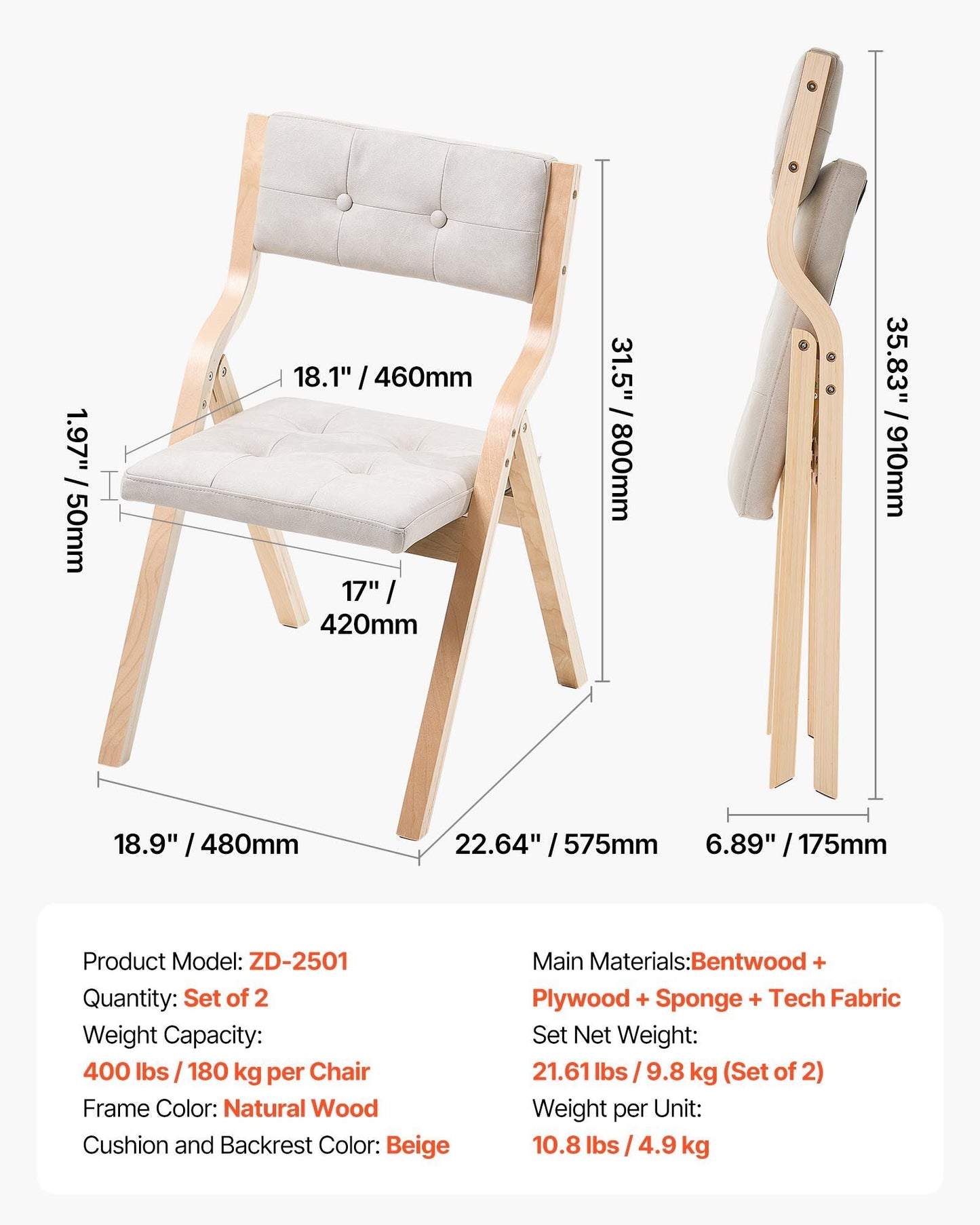 Wooden Folding Chairs with Padded Cushion and Wooden Frame Beige Set of 2.