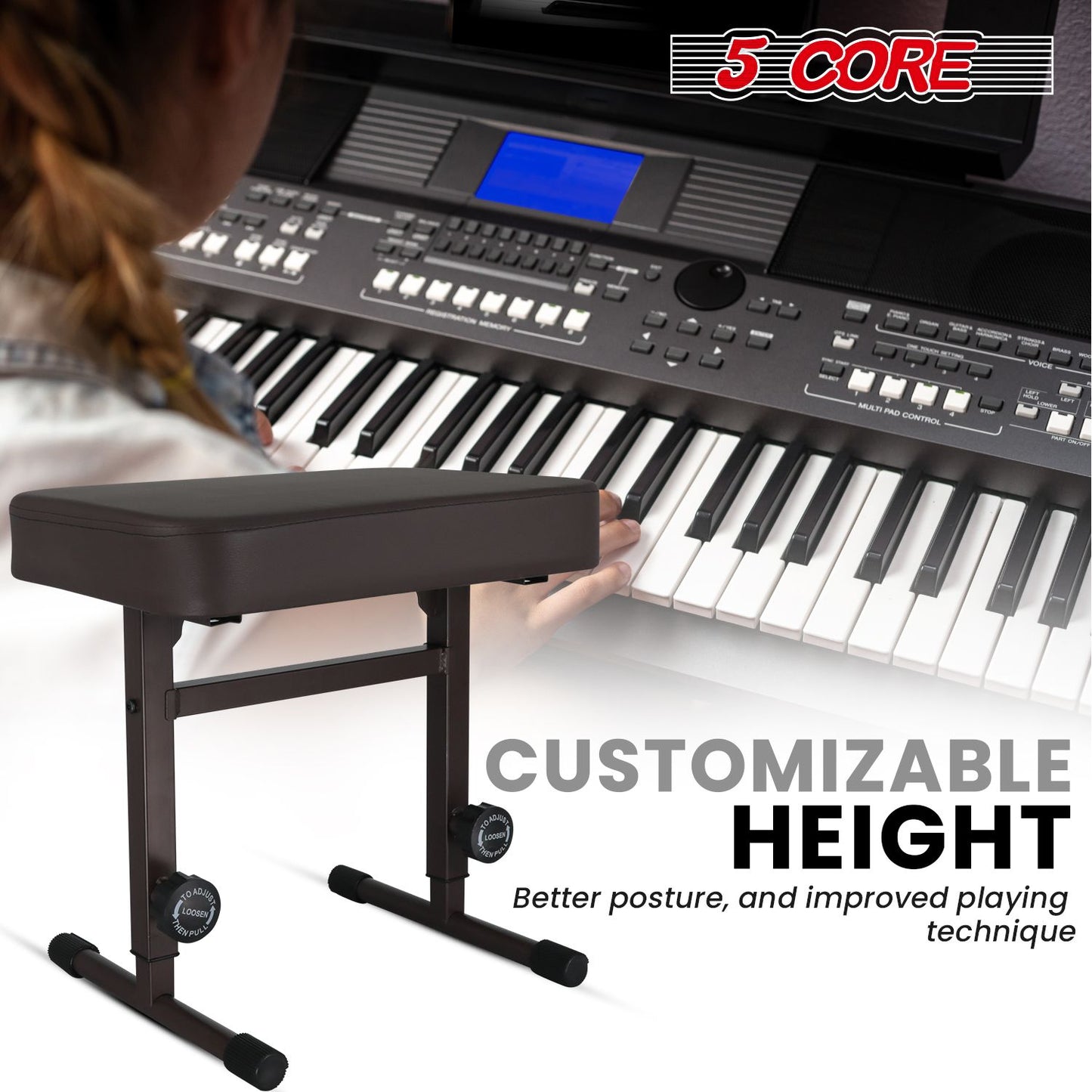 5 CORE Keyboard Bench Piano Stool T Style Brown Thick Padded Cushion Seat | Height Adjustable 17 to 22 inch | Keyboard Chair (PU Leather) KBB H-ADJ BR.