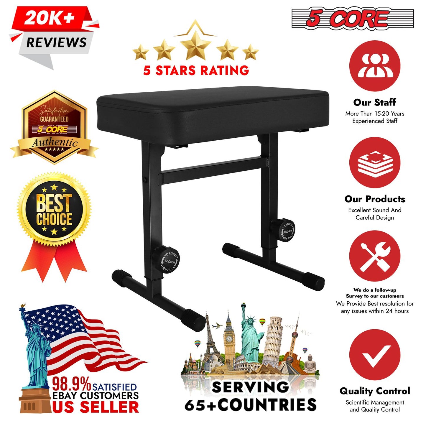 5 CORE Keyboard Bench Piano Stool T Style Black Thick Padded Cushion Seat | Height Adjustable 17 to 22 inch | Keyboard Chair (PU Leather) KBB H-ADJ BLK.