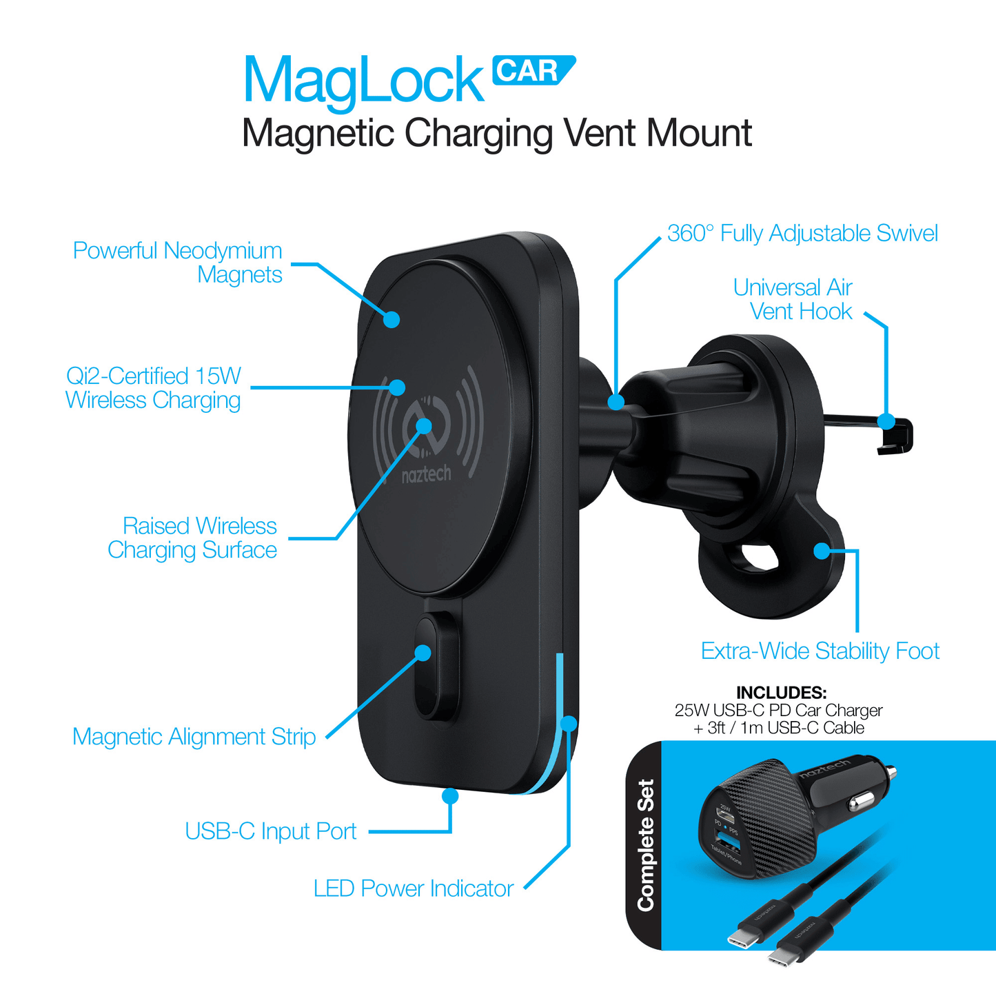 Naztech MagLock CAR 15W Magnetic Wireless Fast Charging Vent Mount with Qi2.