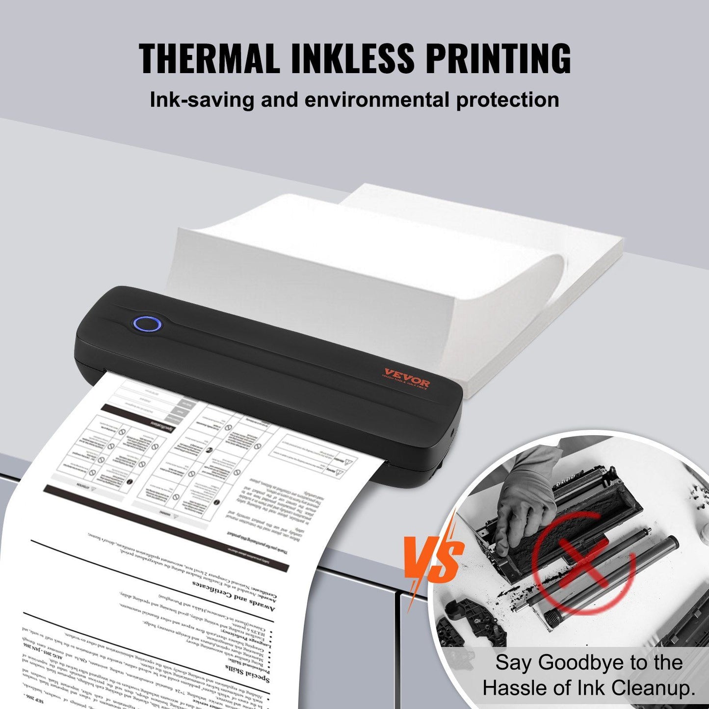 VEVOR Portable Printer - 2600mAh Battery, 203 DPI, Bluetooth Inkless Mobile Printer for A4, A5 & 8.5" x 11" Thermal Paper, Compatible with iOS, Android & Laptop, Ideal for Travel, Office & Home Use.
