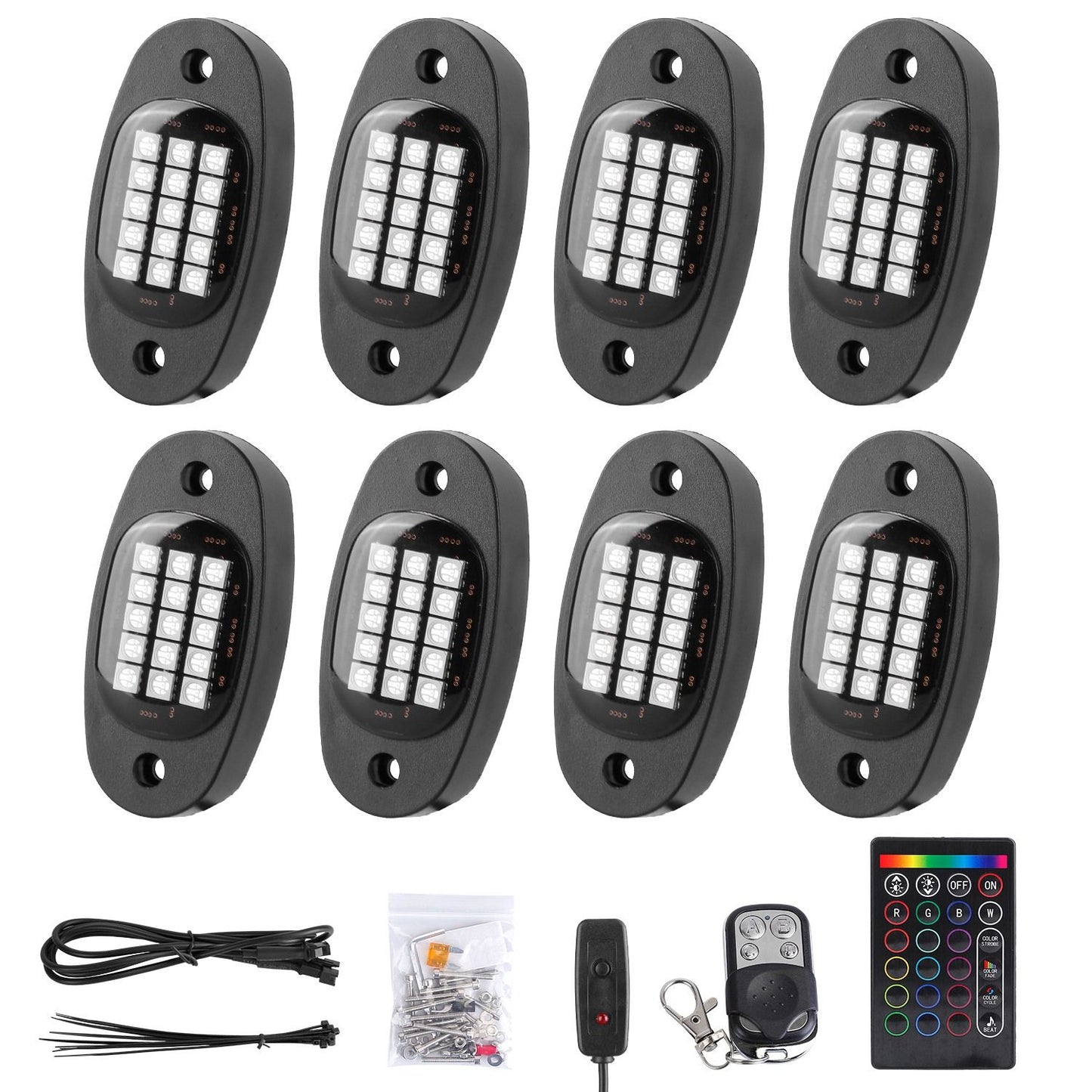 8 Pods RGB LED Rock Lights DC12V Car Neon Light Kit IP68 Waterproof Underglow Lights with Double Remote Controls Wireless APP Control for Jeep Truck UTV SUV.