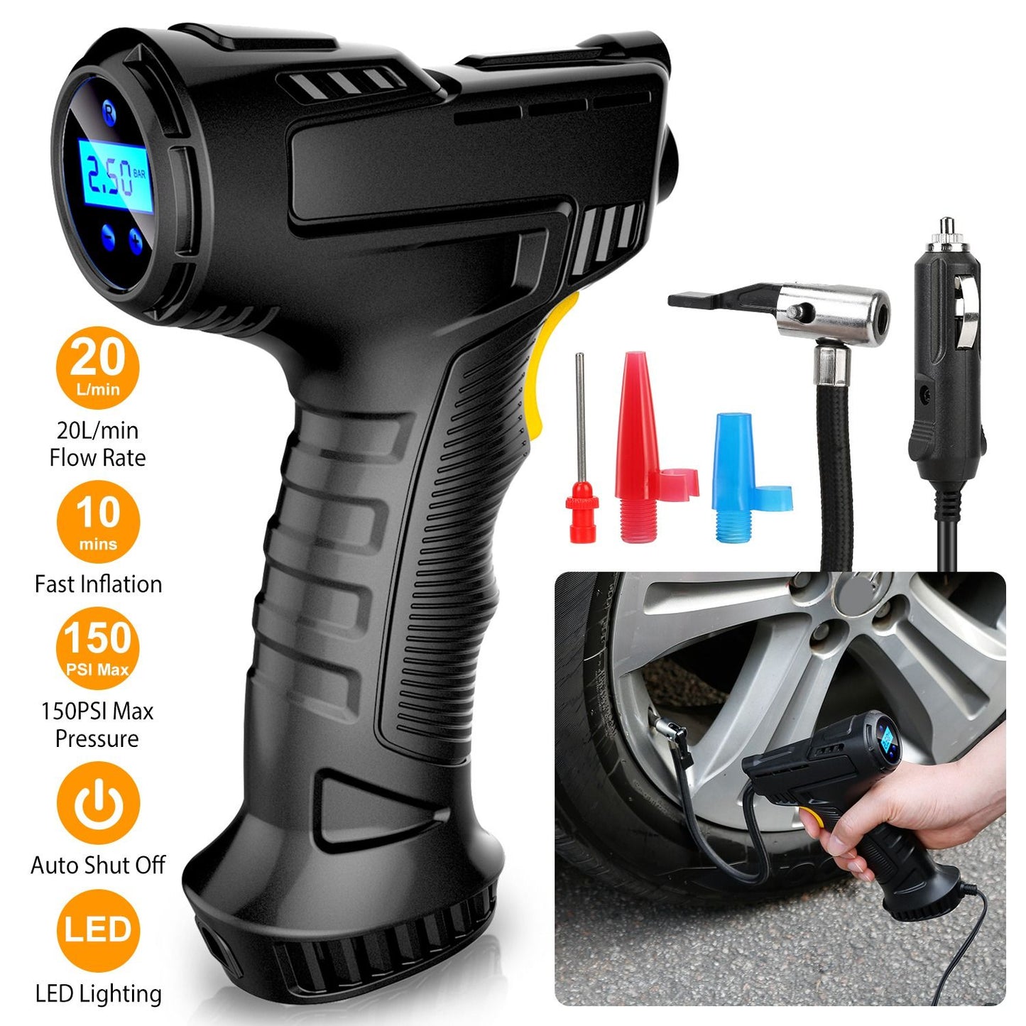 Compact 12V Digital Tire Inflator with LED Light - 150 PSI Portable Air Pump for Cars.