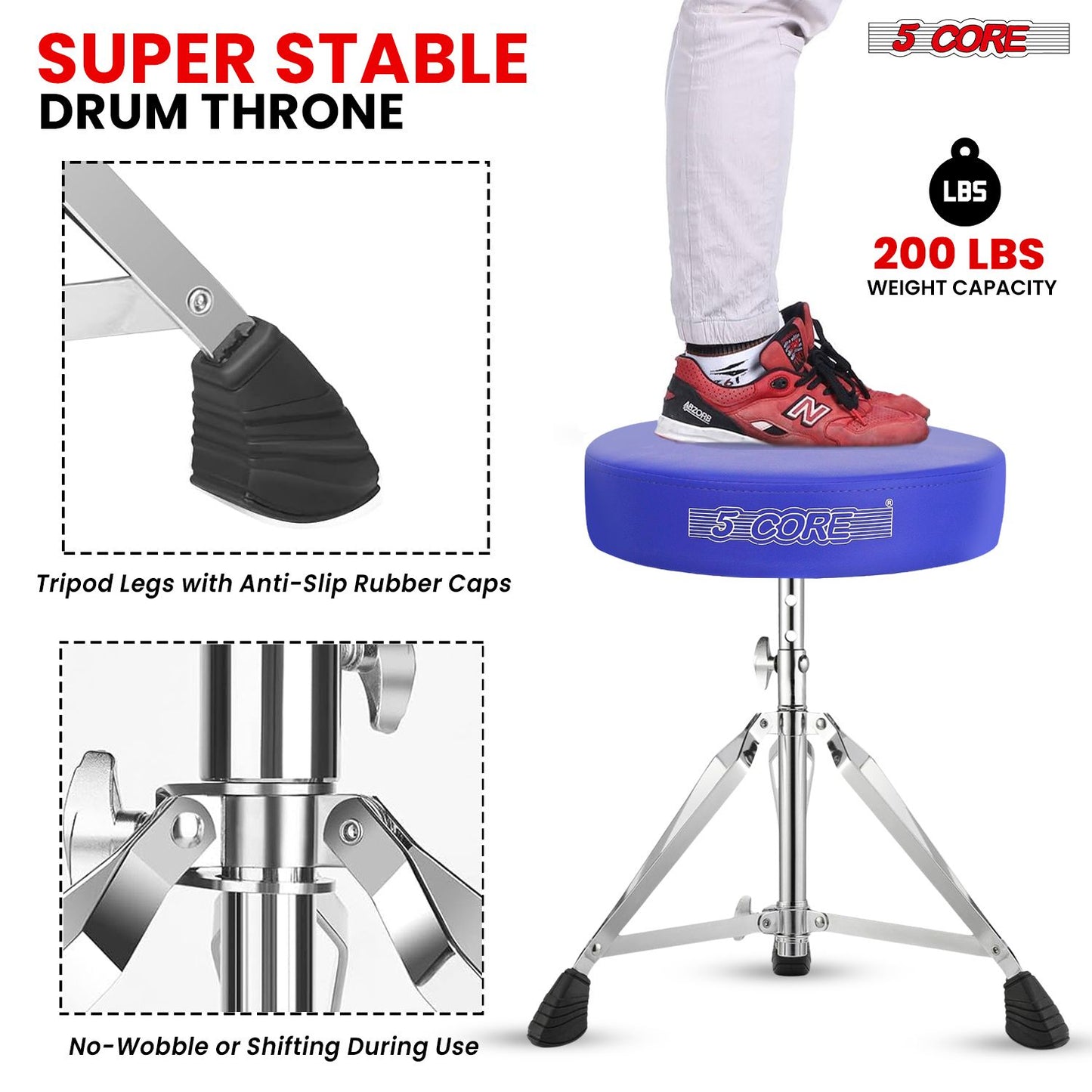 5 CORE Drum Throne Padded Guitar Stool Height Adjustable Music Chair Seat Universal for Adults & Kids with Anti Slip Rubber Feet DS CH BLU.