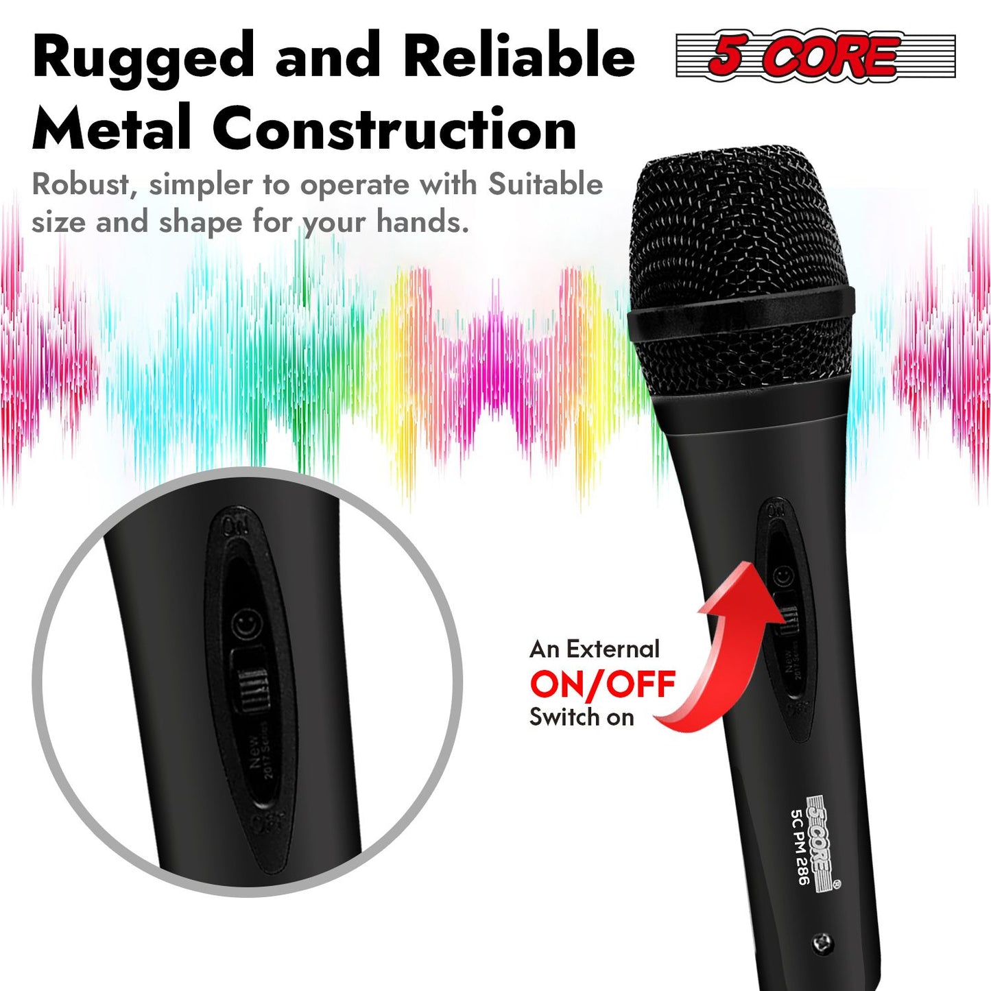 5 CORE Microphone Dynamic Vocal Handheld Mic Cardioid Unidirectional Microfono w On Off Switch + XLR Audio Cable for Singing Karaoke Public Speaking & Parties - PM-286.