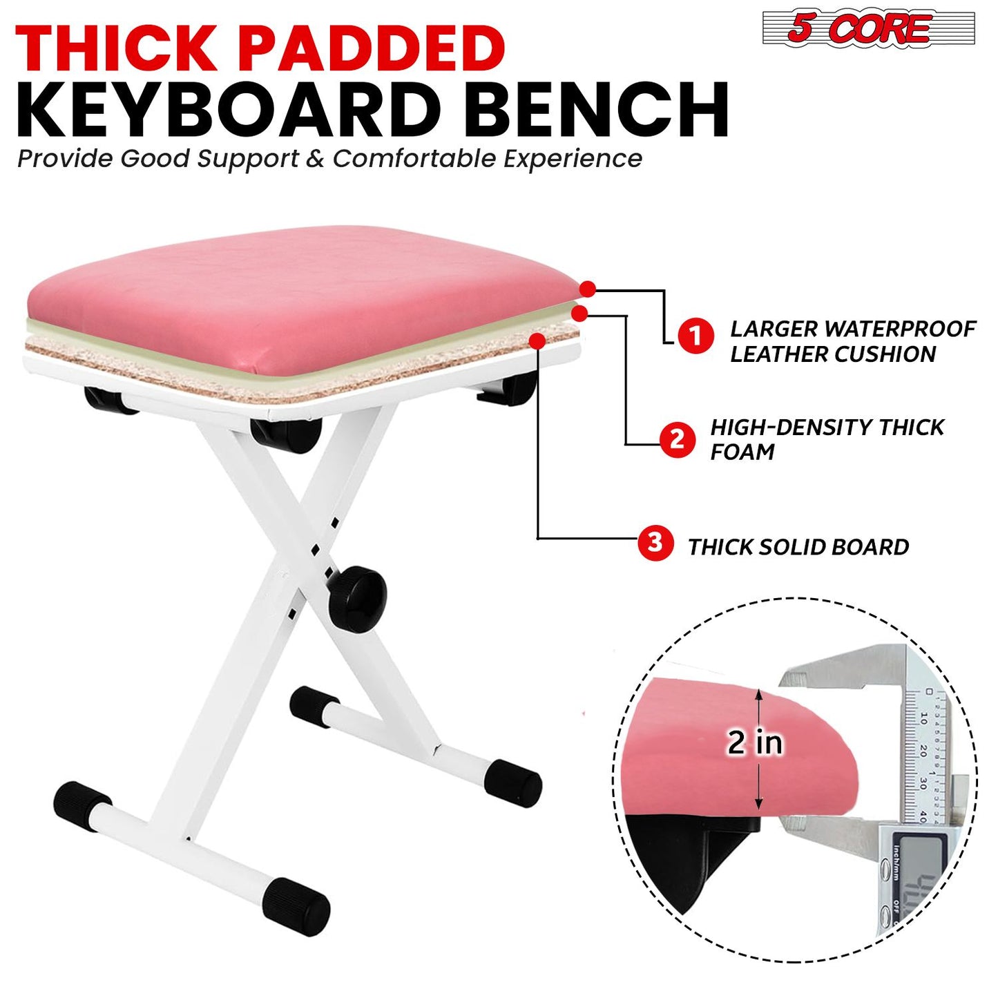 5 Core Keyboard Bench 2 Inch Padded Cushioned Piano Stool Height Adjustable Guitar Seat Folding Portable Musician Chair w Nonslip Rubber Feet Black - KBB 02 BLK.