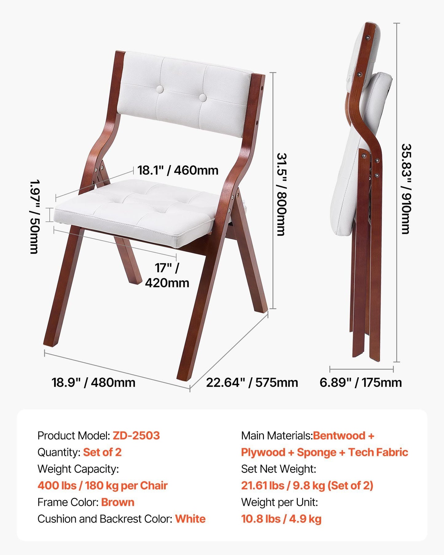 Wooden Folding Chairs with Padded Cushion and Wooden Frame White Set of 2.