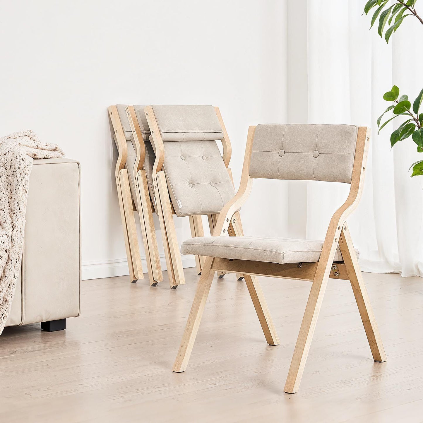 Wooden Folding Chairs with Padded Cushion and Wooden Frame Beige Set of 2.