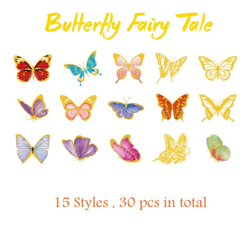 30 Pcs Gliding Butterfly Fairy Tales Transparent Decorative Decals For Phone Laptop Waterbottle Planner Diary Journal Scrapbook.