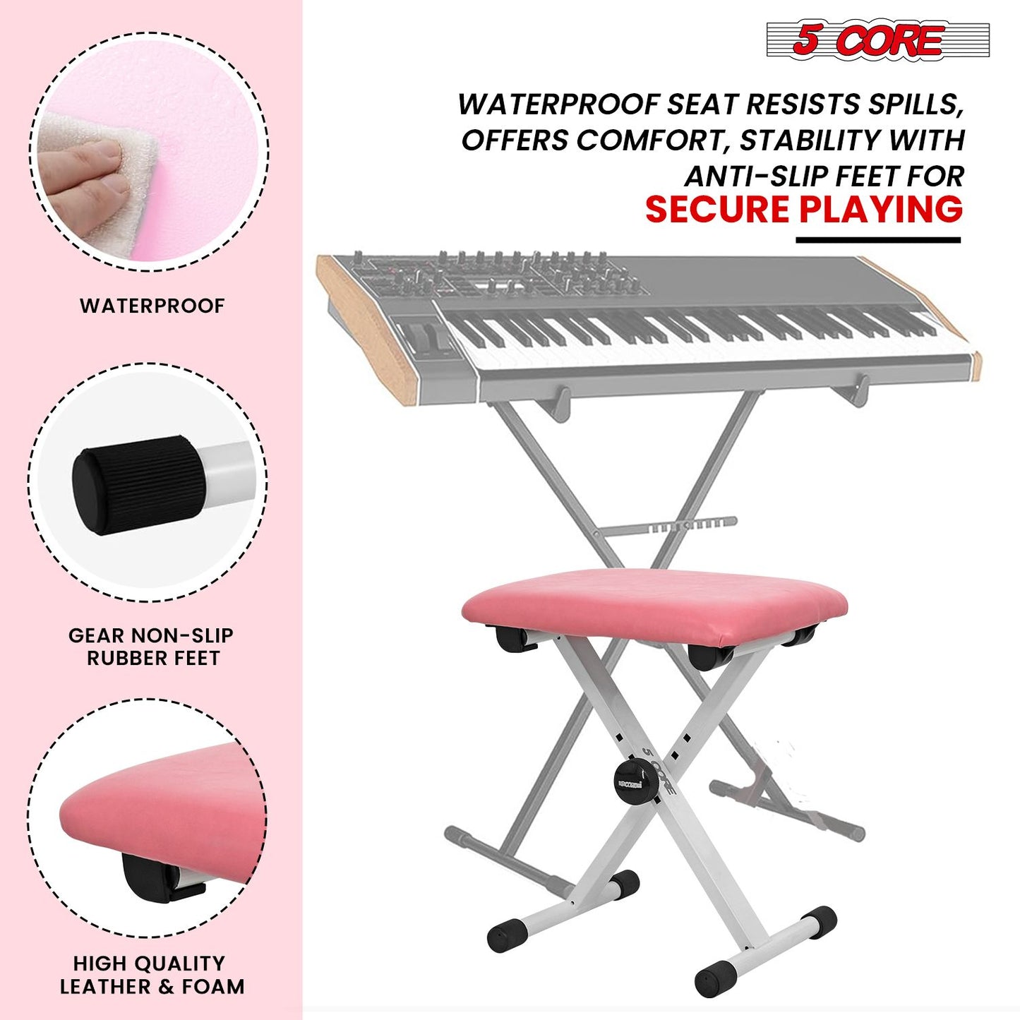 5 Core Keyboard Bench 2 Inch Padded Cushioned Piano Stool Height Adjustable Guitar Seat Folding Portable Musician Chair w Nonslip Rubber Feet Black - KBB 02 BLK.