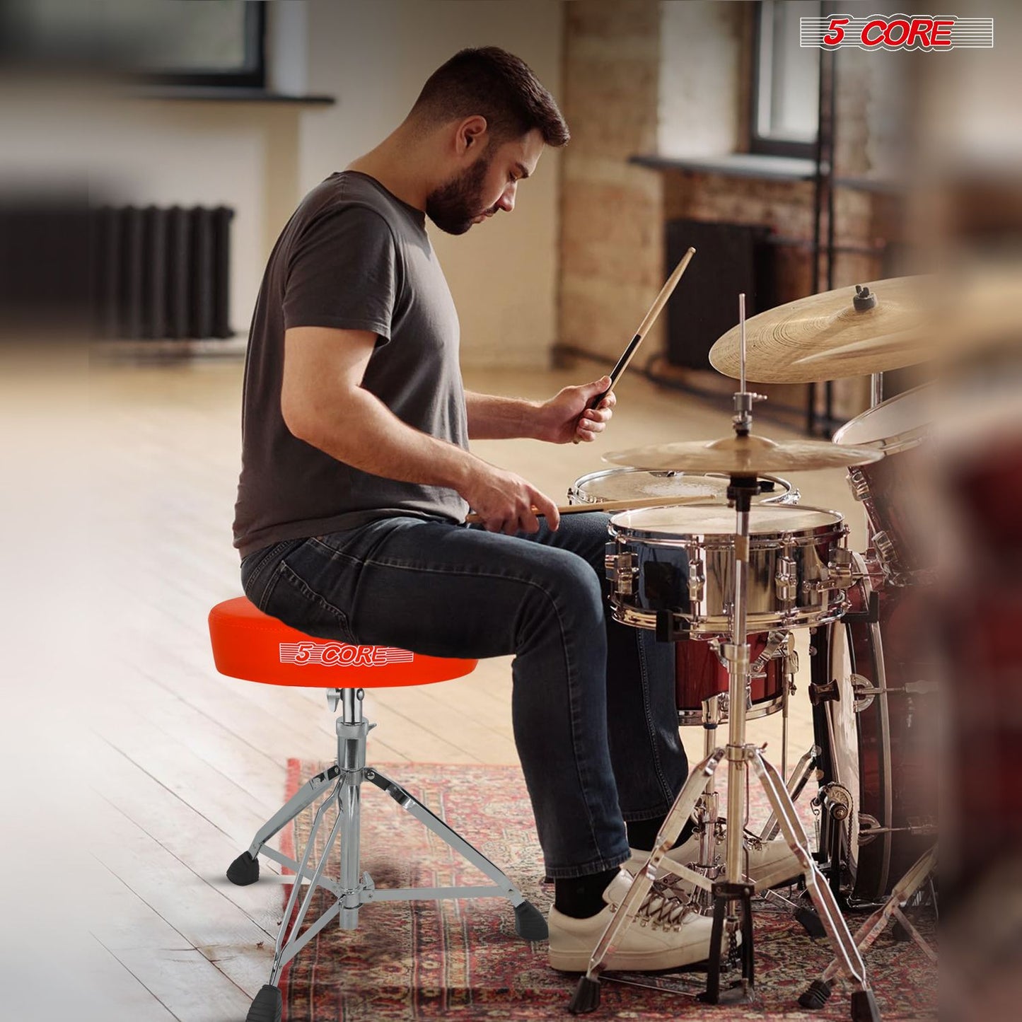 5 CORE Drum Throne Padded Guitar Stool Height Adjustable Music Chair Seat Universal for Adults & Kids with Anti Slip Rubber Feet - DS CH ORG.