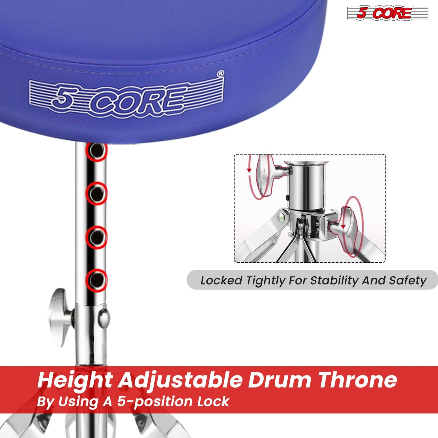 5 CORE Drum Throne Padded Guitar Stool Height Adjustable Music Chair Seat Universal for Adults & Kids with Anti Slip Rubber Feet DS CH BLU.