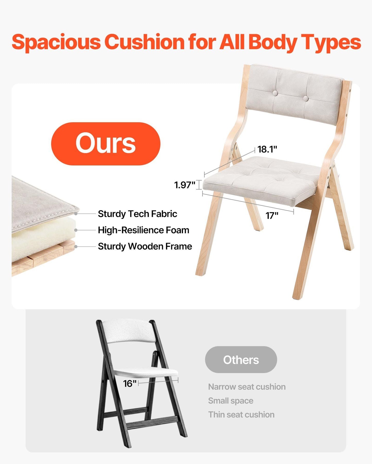 Wooden Folding Chairs with Padded Cushion and Wooden Frame Beige Set of 2.