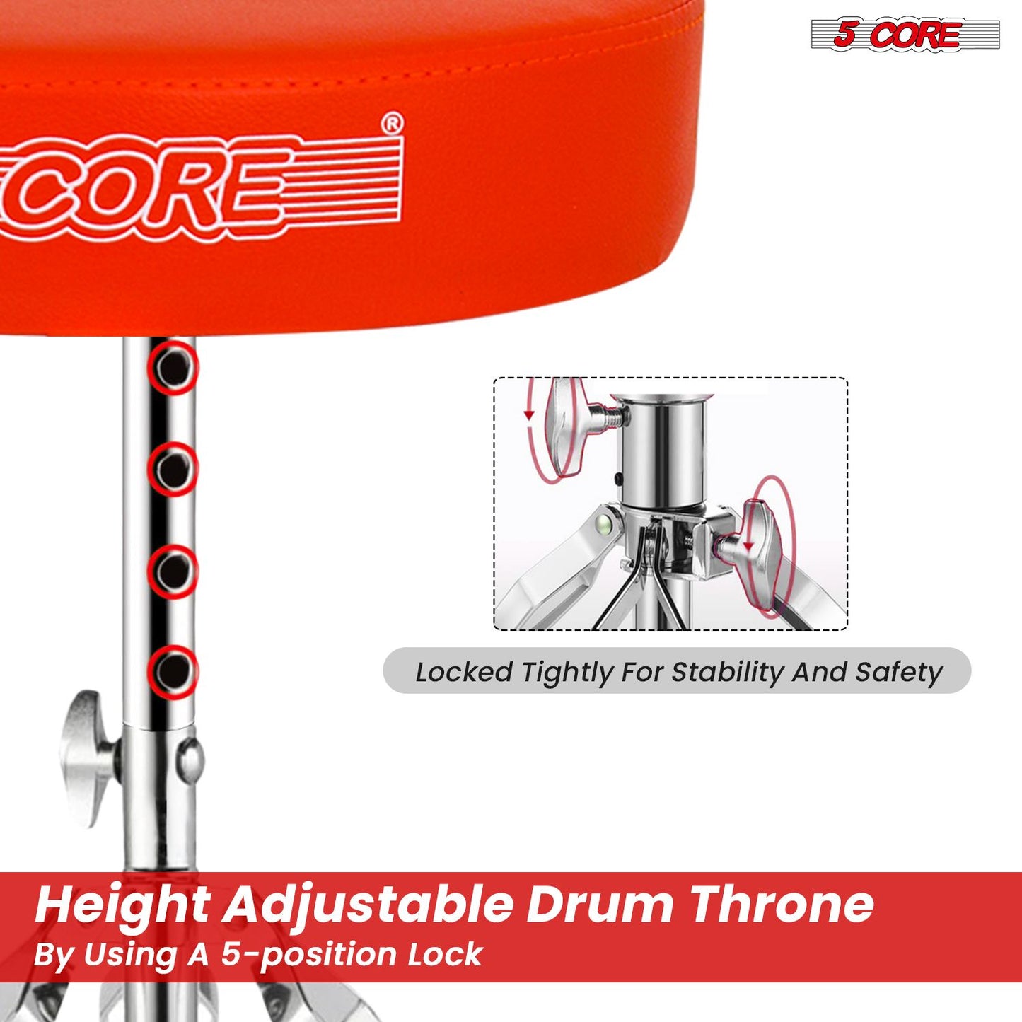 5 CORE Drum Throne Padded Guitar Stool Height Adjustable Music Chair Seat Universal for Adults & Kids with Anti Slip Rubber Feet - DS CH ORG.