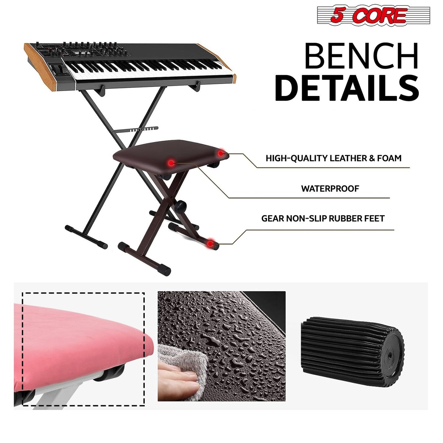 5 Core Keyboard Bench 2 Inch Padded Cushioned Piano Stool Height Adjustable Guitar Seat Folding Portable Musician Chair w Nonslip Rubber Feet Black - KBB 02 BLK.