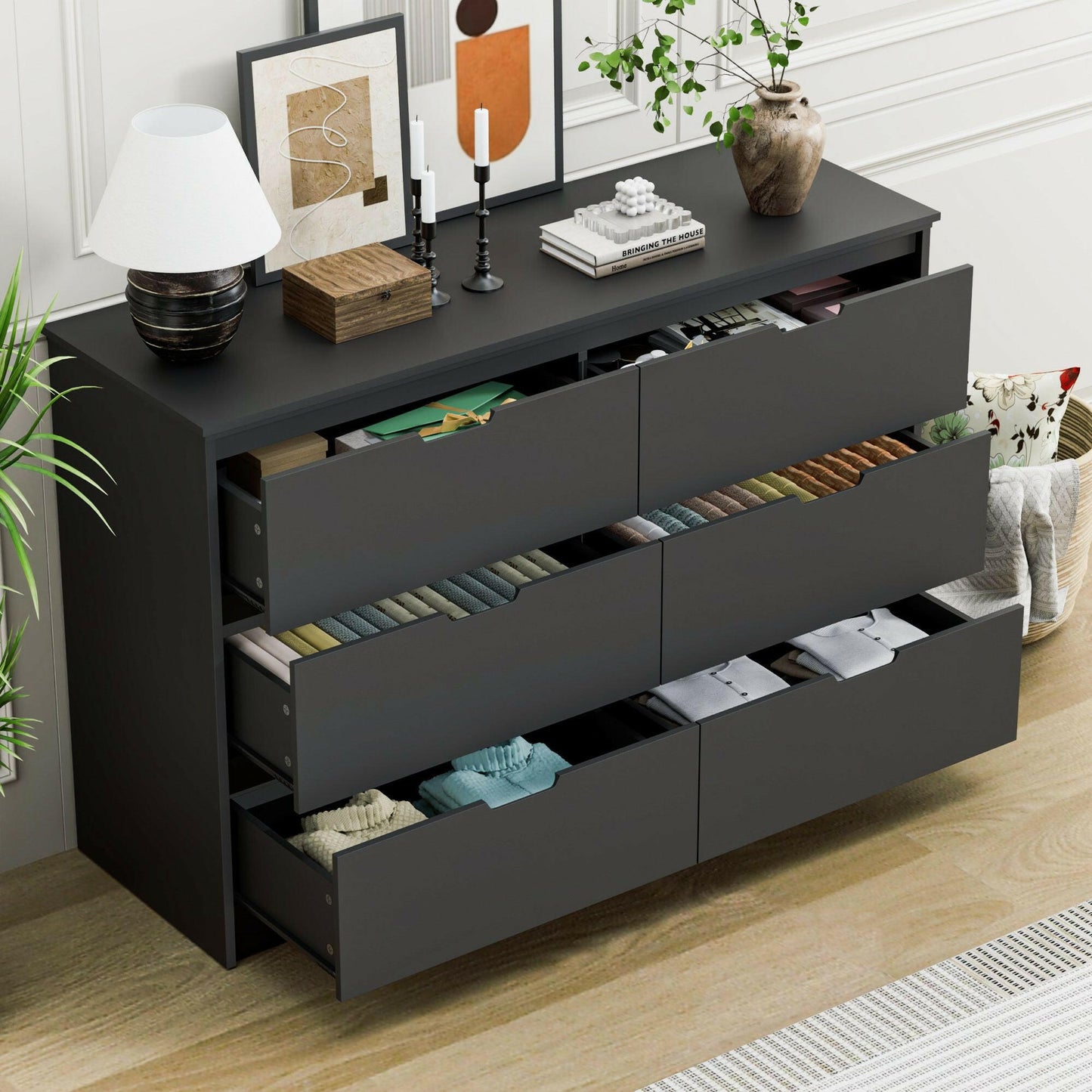 6 Drawer Dresser For Bedroom, Storage Cabinet With Hidden Handles, Modern Closet Of Drawers For Living Room.