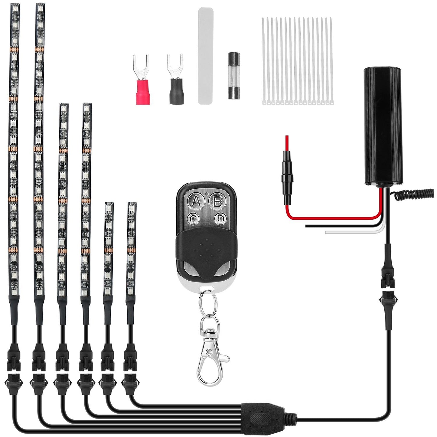 6-Piece Waterproof Motorcycle LED Neon Light Strip Kit - RGB Multi-Color Atmosphere Lighting for DC 12V.