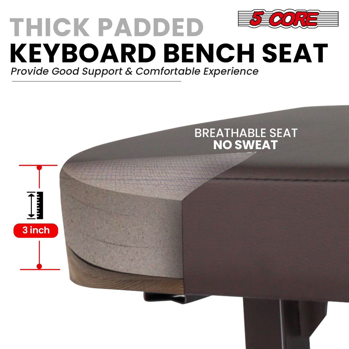 5 CORE Keyboard Bench Piano Stool T Style Brown Thick Padded Cushion Seat | Height Adjustable 17 to 22 inch | Keyboard Chair (PU Leather) KBB H-ADJ BR.