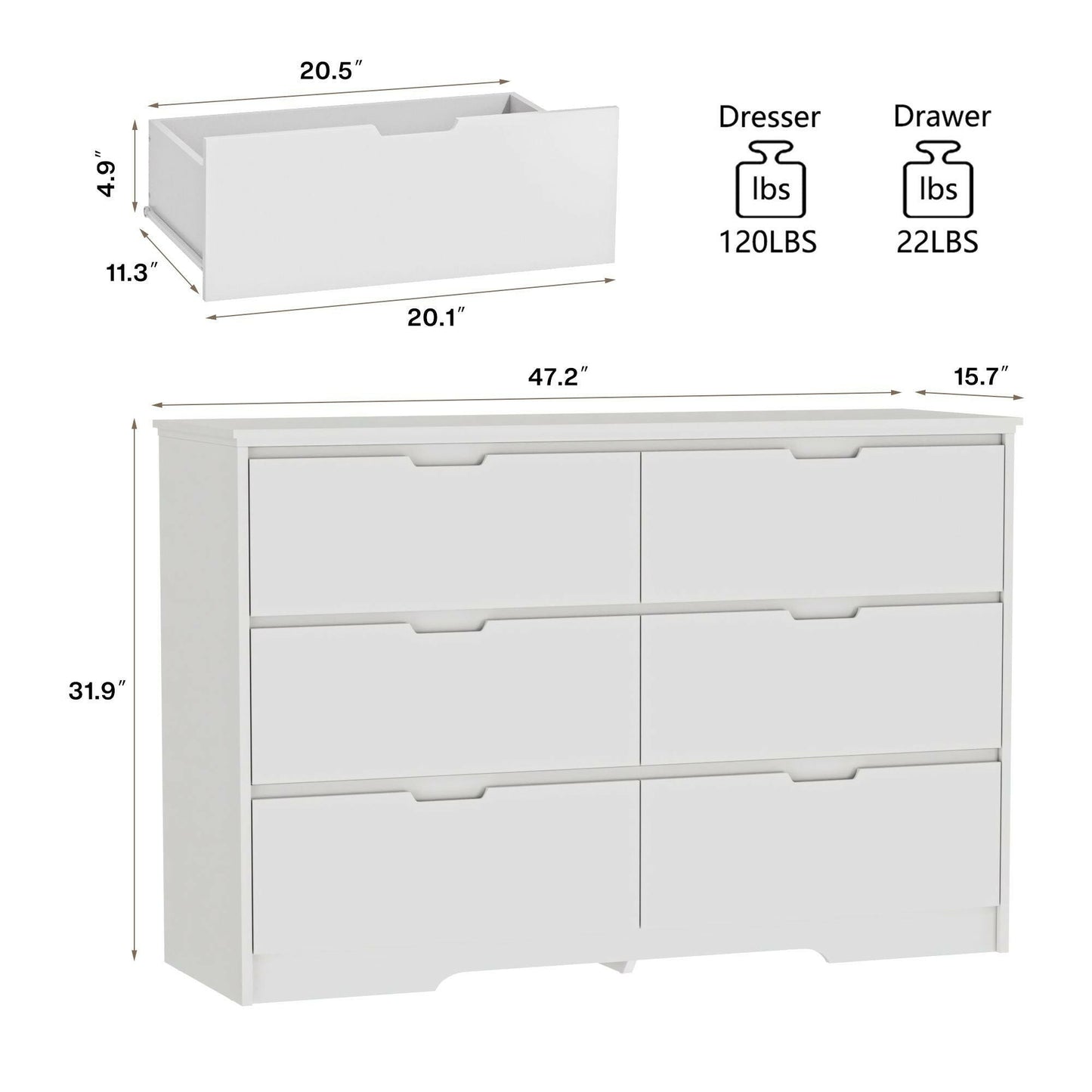 6 Drawer Dresser For Bedroom, Storage Cabinet With Hidden Handles, Modern Closet Of Drawers For Living Room.