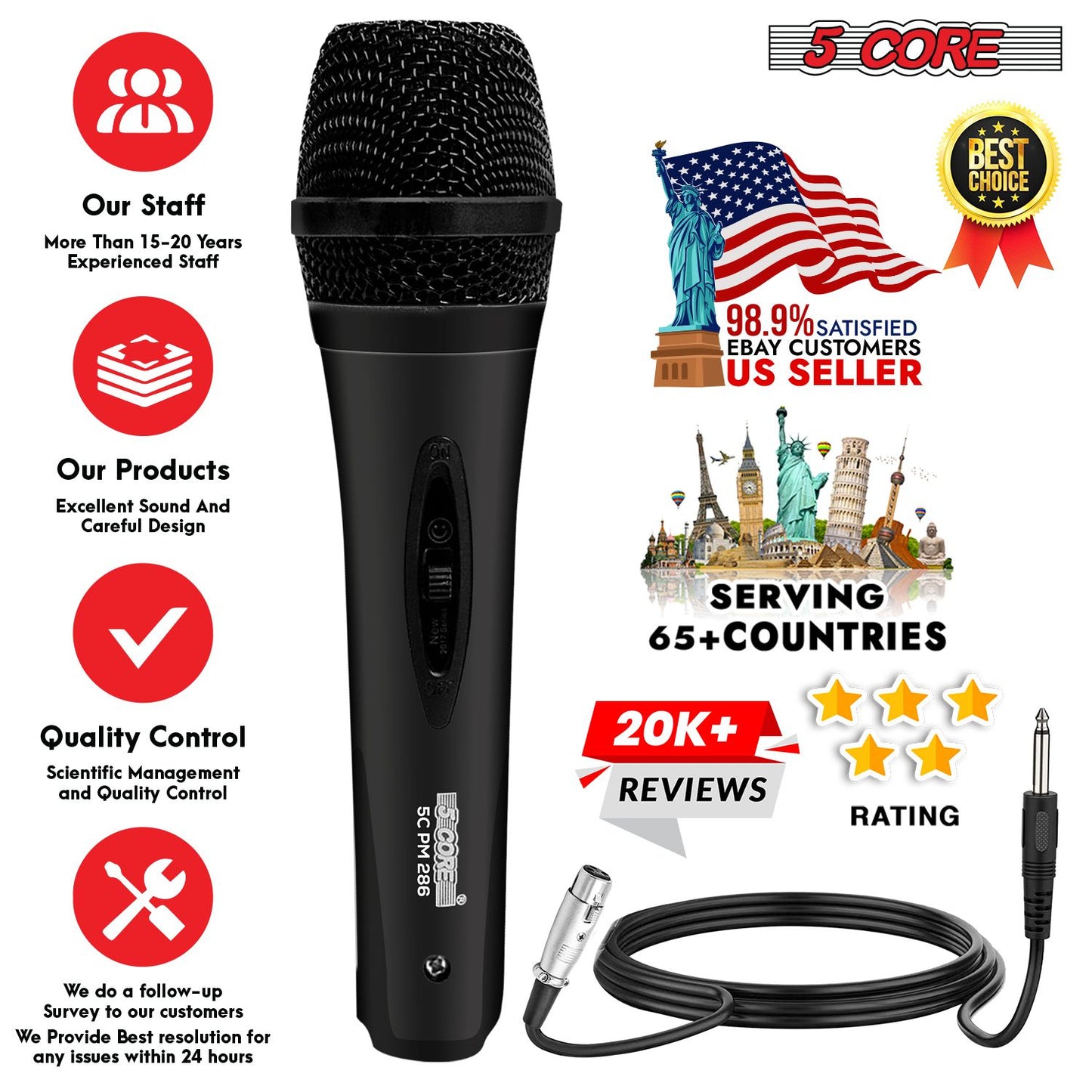 5 CORE Microphone Dynamic Vocal Handheld Mic Cardioid Unidirectional Microfono w On Off Switch + XLR Audio Cable for Singing Karaoke Public Speaking & Parties - PM-286.
