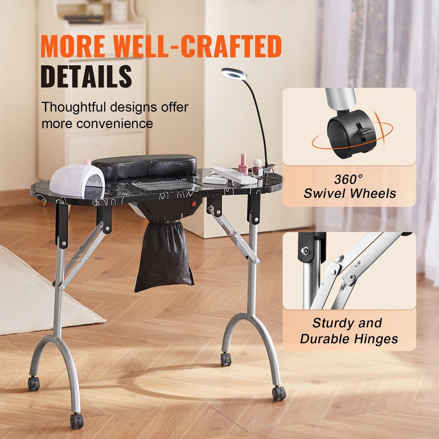 VEVOR Portable Manicure Table, Foldable Nail Table with Electric Dust Collector, Moveable Nail Tech Desk & 4 Wheels, 3 Dust Bags, Bendable LED Lamp, MDF Nail Art Workstation for Home Spa Beauty Salon.