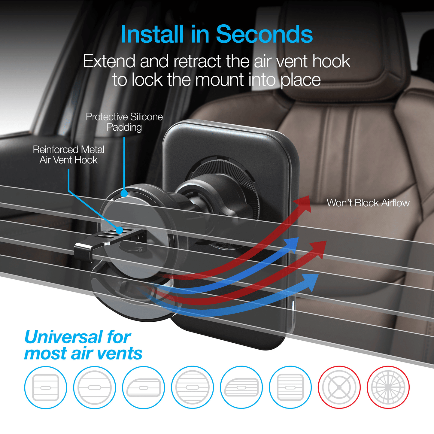 Naztech MagLock CAR 15W Magnetic Wireless Fast Charging Vent Mount with Qi2.
