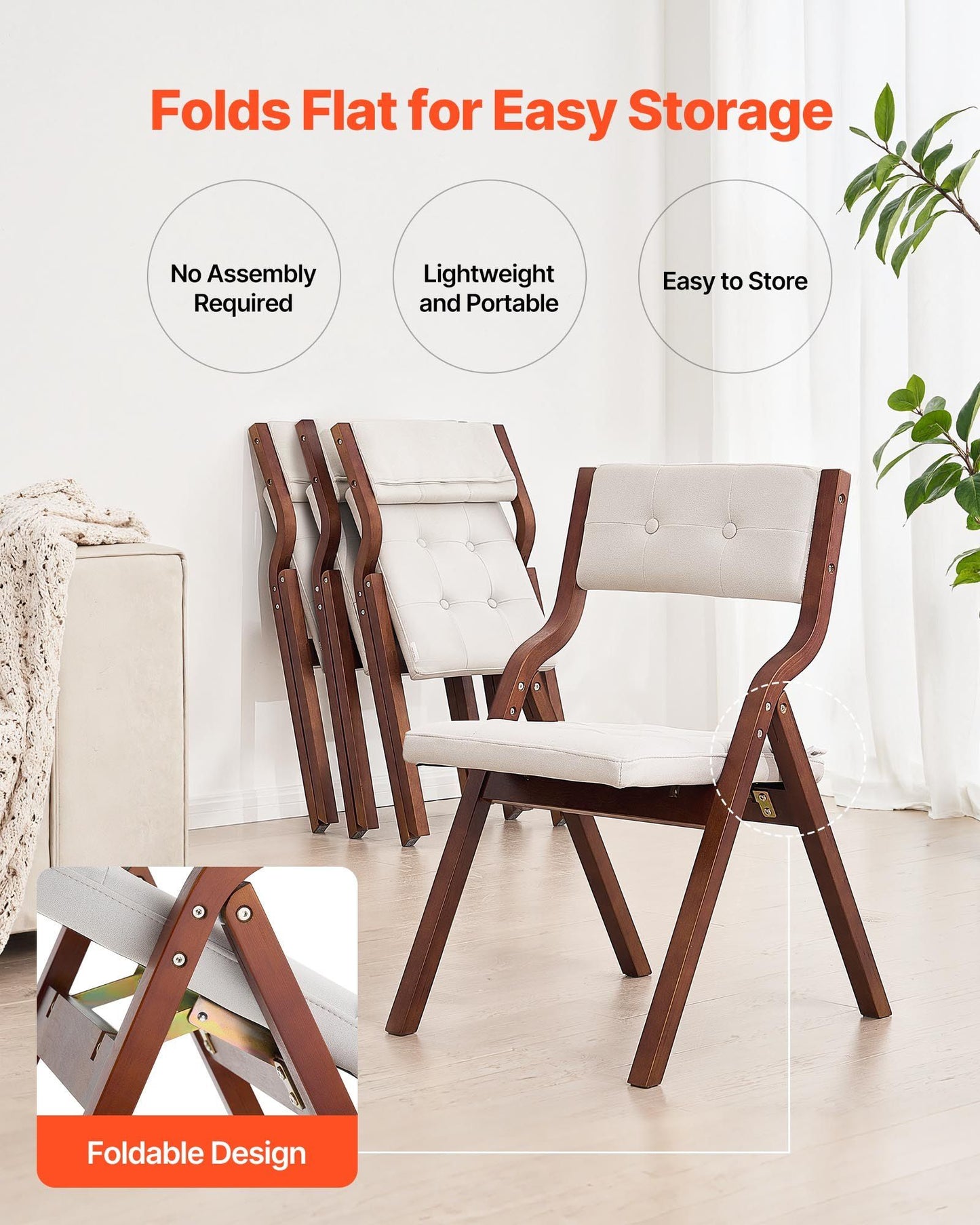 Wooden Folding Chairs with Padded Cushion and Wooden Frame White Set of 4.