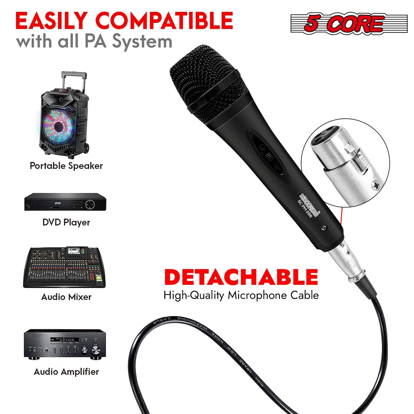 5 CORE Microphone Dynamic Vocal Handheld Mic Cardioid Unidirectional Microfono w On Off Switch + XLR Audio Cable for Singing Karaoke Public Speaking & Parties - PM-286.