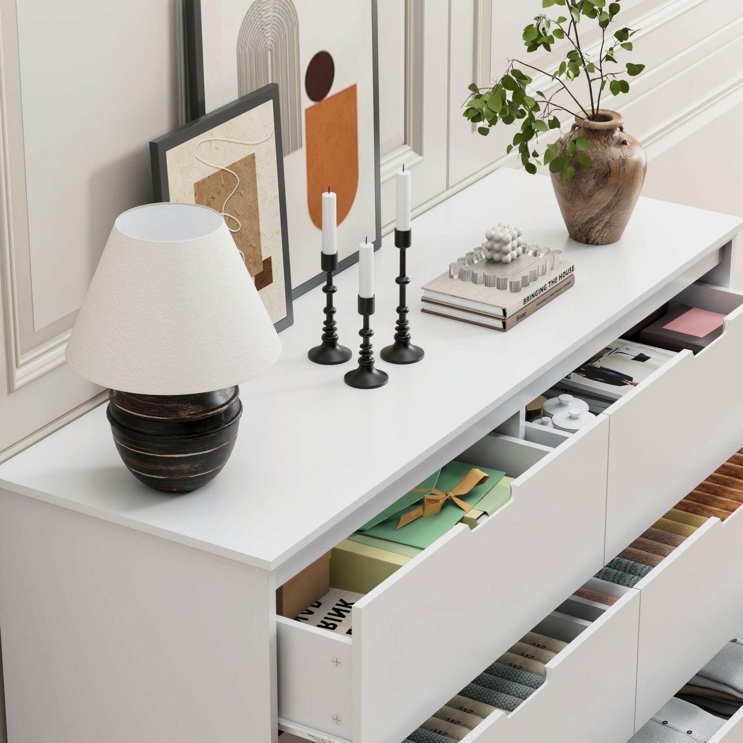 6 Drawer Dresser For Bedroom, Storage Cabinet With Hidden Handles, Modern Closet Of Drawers For Living Room.