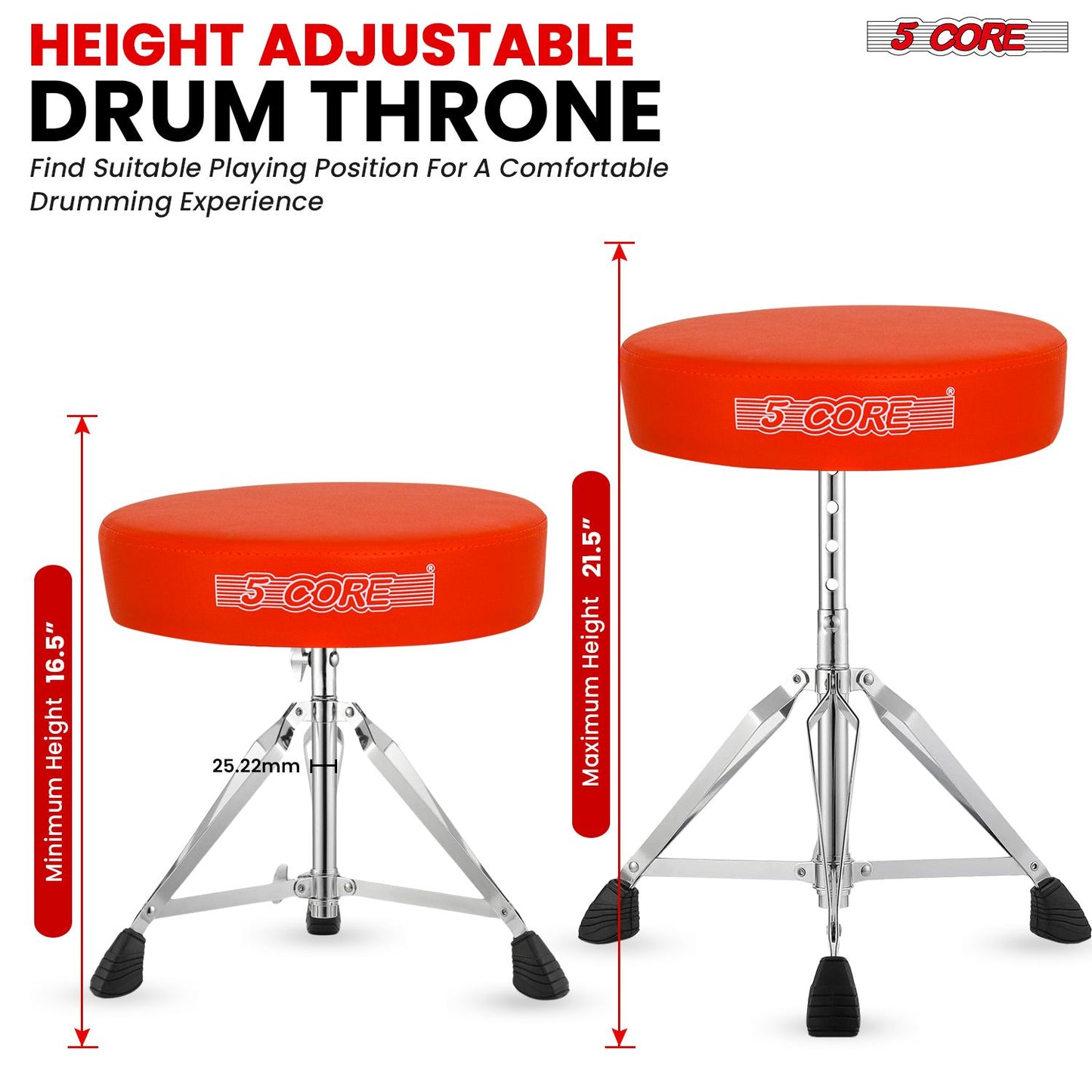 5 CORE Drum Throne Padded Guitar Stool Height Adjustable Music Chair Seat Universal for Adults & Kids with Anti Slip Rubber Feet - DS CH ORG.