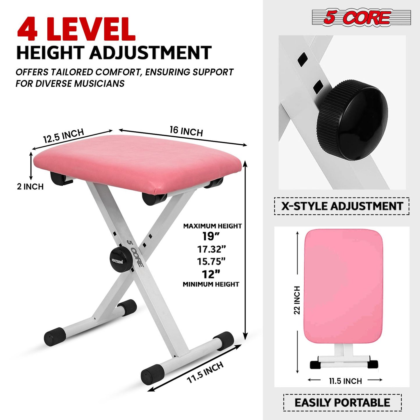 5 Core Keyboard Bench 2 Inch Padded Cushioned Piano Stool Height Adjustable Guitar Seat Folding Portable Musician Chair w Nonslip Rubber Feet Black - KBB 02 BLK.