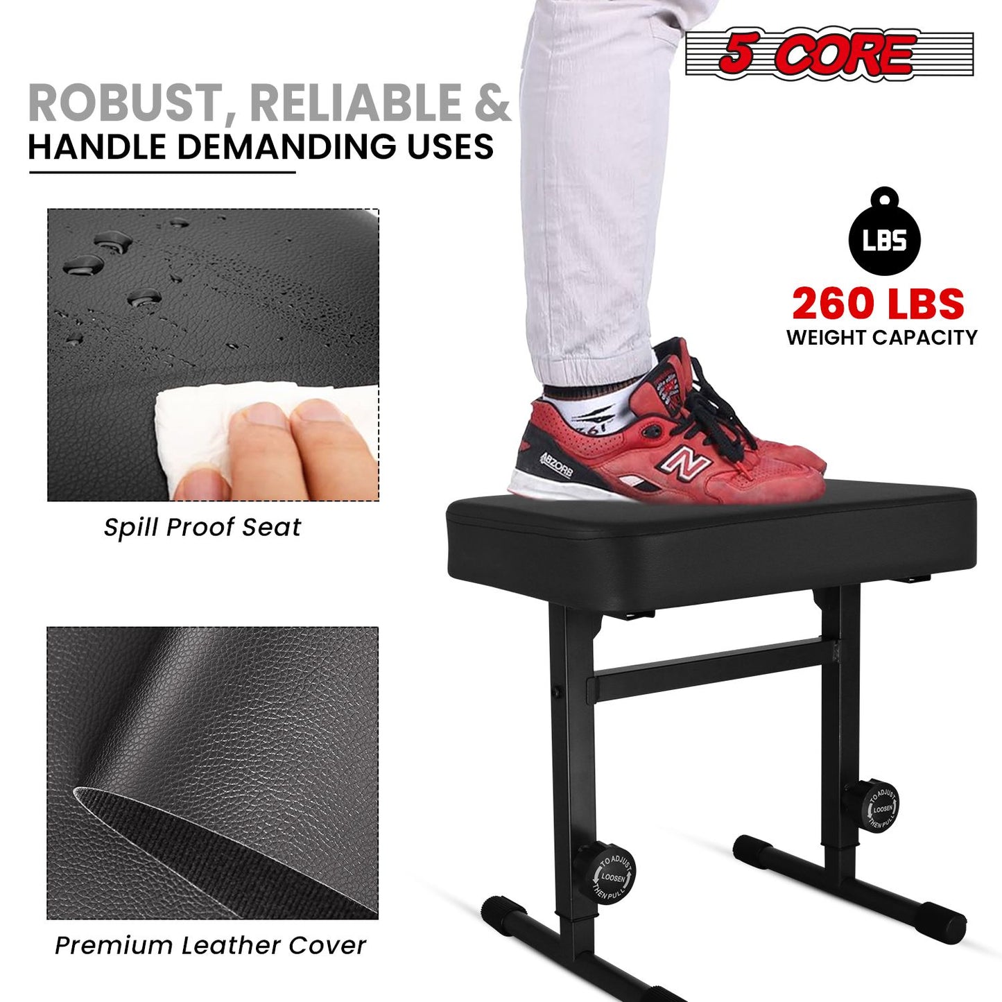 5 CORE Keyboard Bench Piano Stool T Style Black Thick Padded Cushion Seat | Height Adjustable 17 to 22 inch | Keyboard Chair (PU Leather) KBB H-ADJ BLK.