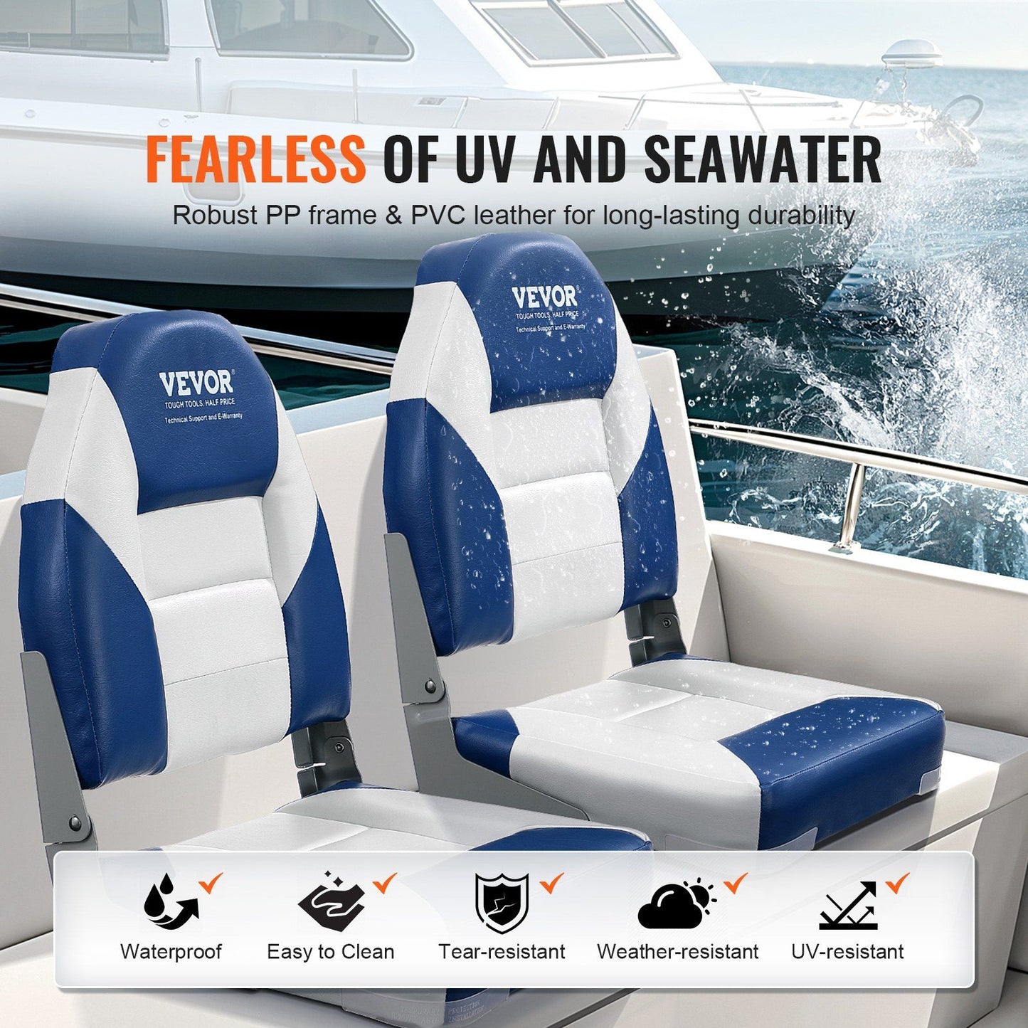 VEVOR Boat Seats, 21.85" High Back Boat Seat, Folding Boat Chair with Thickened Sponge Padding and Hinge, Fold-Down Boat Captain Chairs for Fishing Boat, Sightseeing Boat, Speedboat, Canoe, 2-Pack.