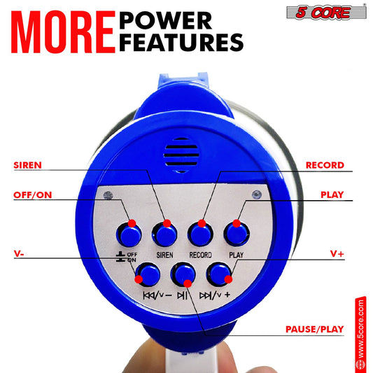 5 Core Megaphone Bull Horn 30W Loud Speaker 800 Yards Range Rechargeable Portable USB Bullhorn w Recording Volume Control Siren Noise Maker for Kids and Adults for Cheerleading Football Safety Drills - GoTypical