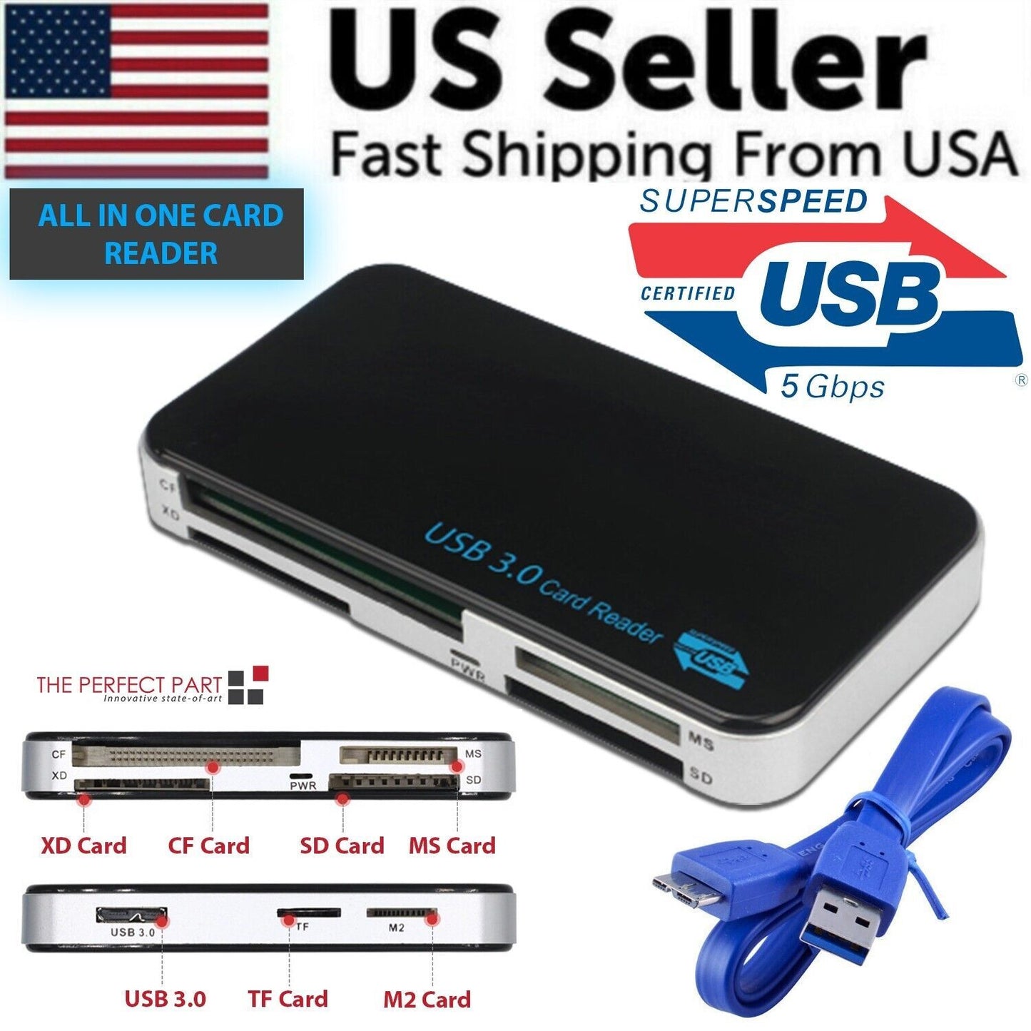 USB 3.0 Memory Card Reader Adapter 5GBPS Fit For CF/TF/SD/Micro SD/XD/M2/MS Card.