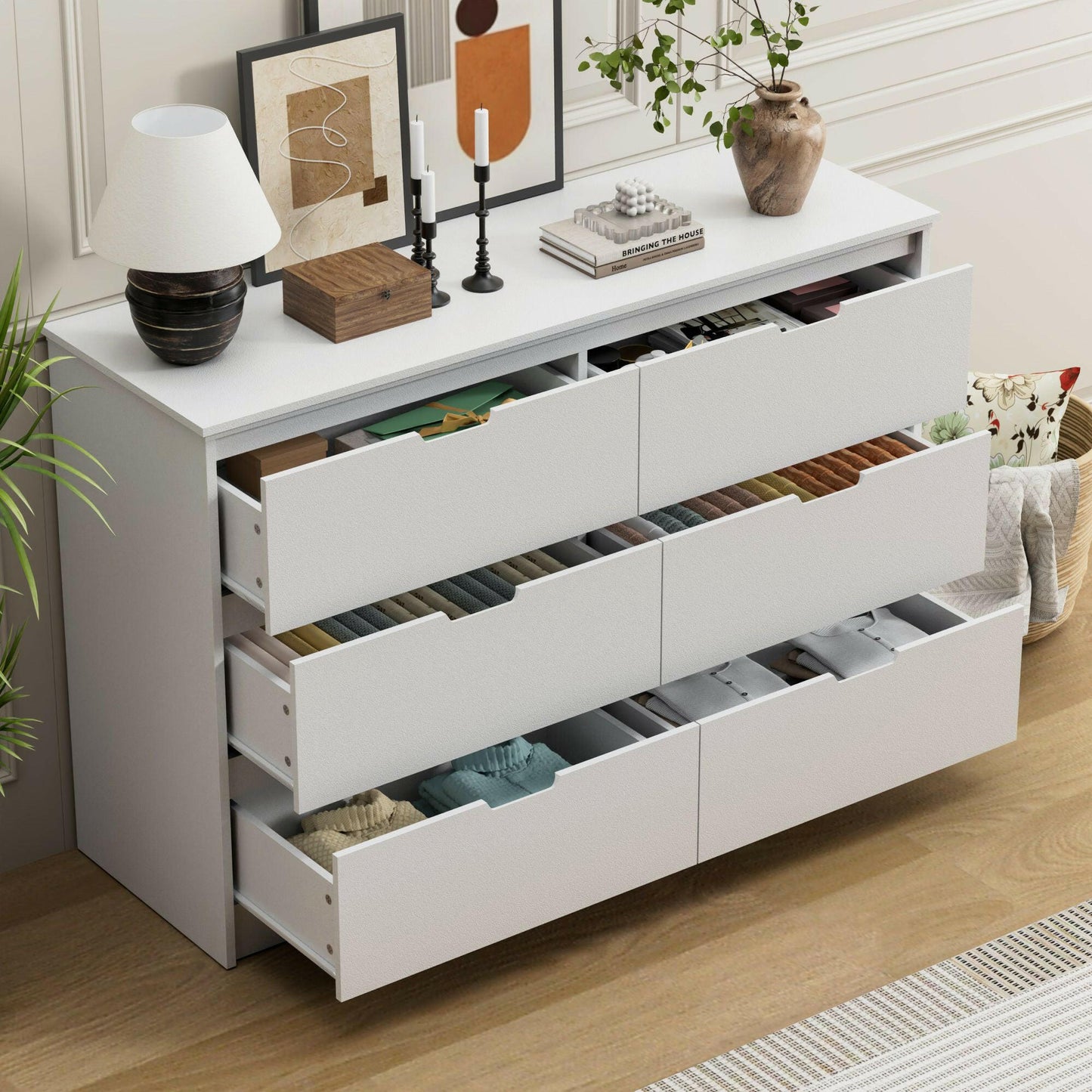 6 Drawer Dresser For Bedroom, Storage Cabinet With Hidden Handles, Modern Closet Of Drawers For Living Room.