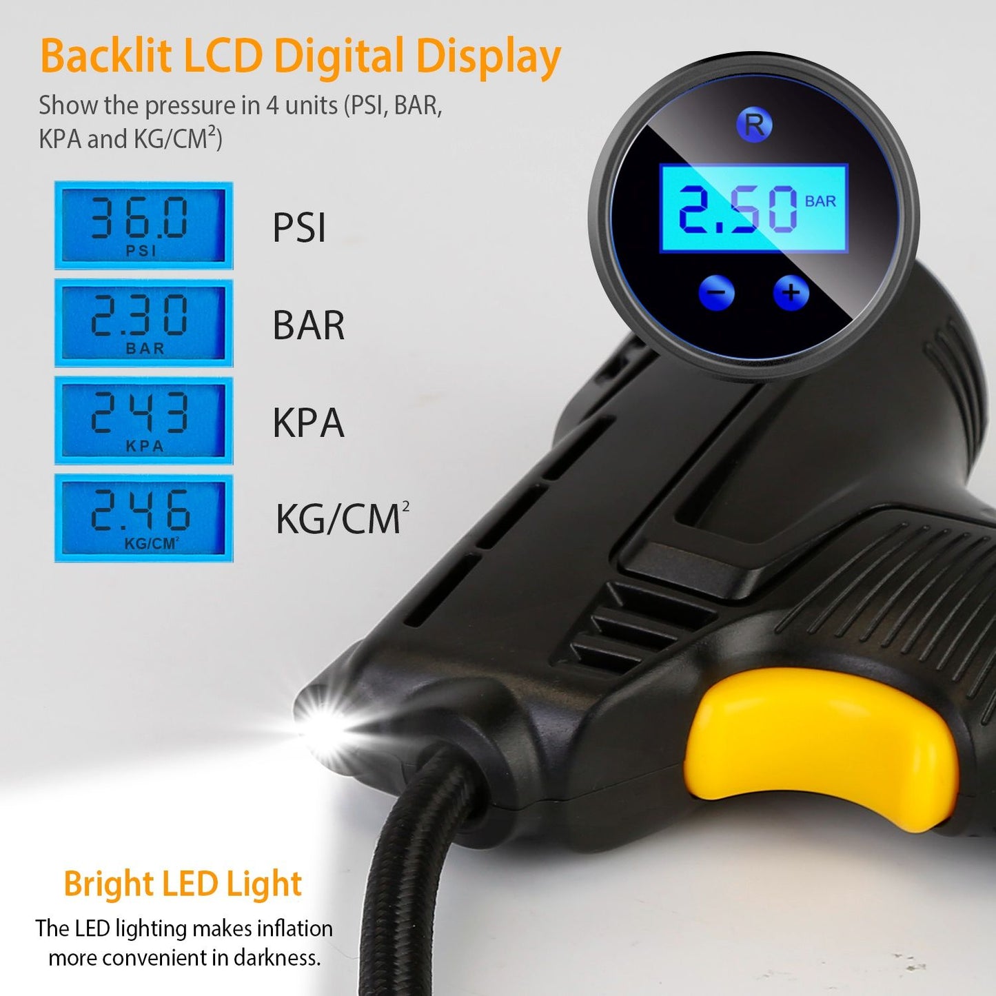 Compact 12V Digital Tire Inflator with LED Light - 150 PSI Portable Air Pump for Cars.