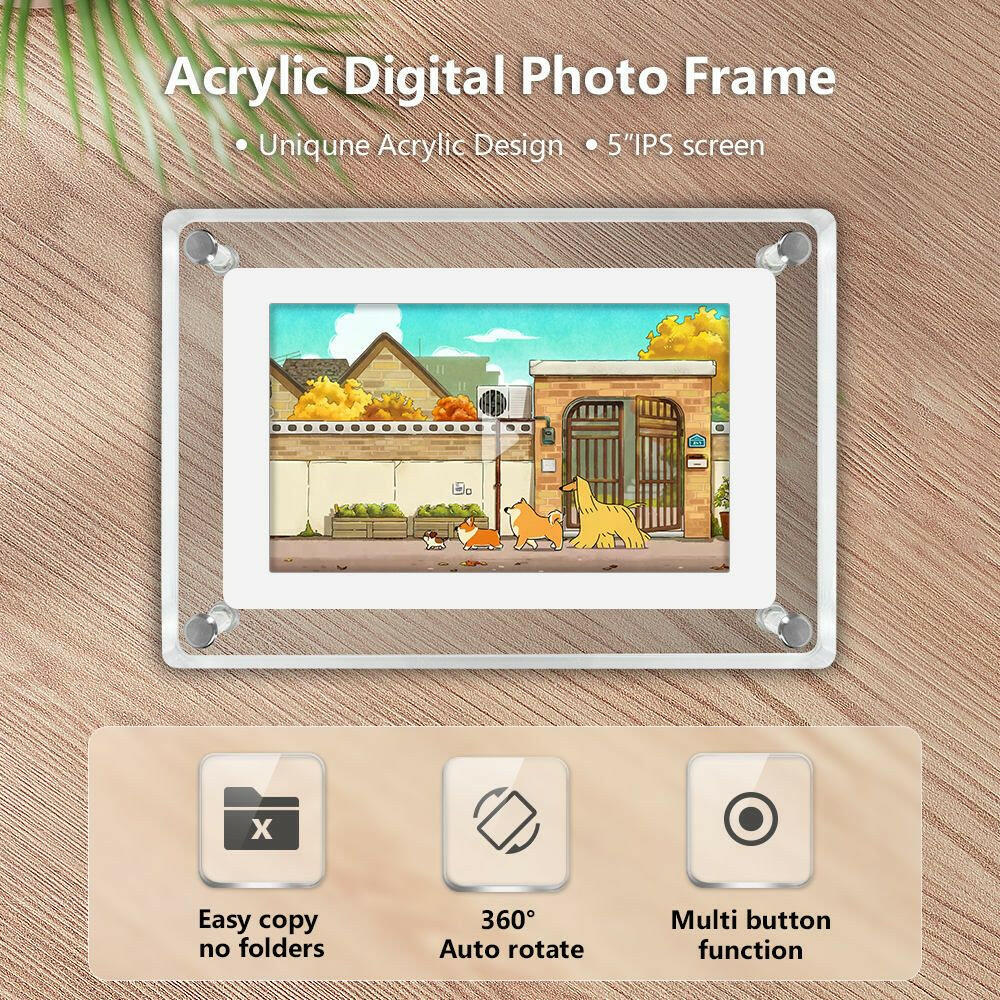 Acrylic 5 Inch Digital Picture Frame, Video Frame with Auto-Rotate, Free 8GB/4GB USB Stick and Built-in 1000 mAh Battery. Ideal Desktop Decoration.