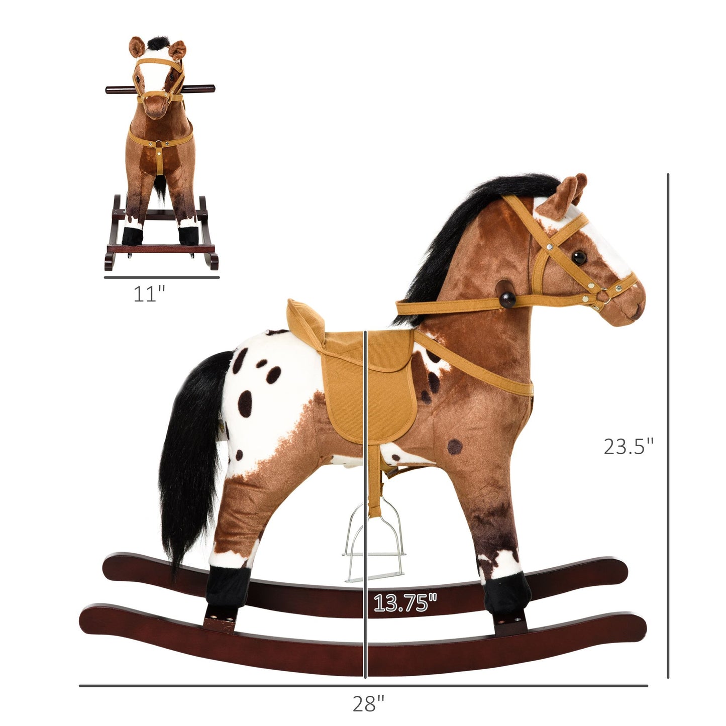 Qaba Kids Metal Plush Ride-On Rocking Horse Chair Toy With Realistic Sounds - Dark Brown/White.