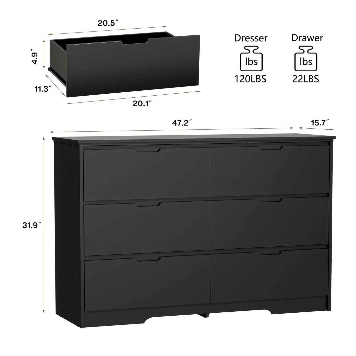 6 Drawer Dresser For Bedroom, Storage Cabinet With Hidden Handles, Modern Closet Of Drawers For Living Room.