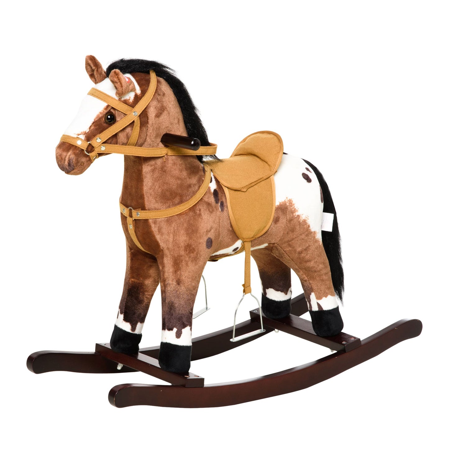Qaba Kids Metal Plush Ride-On Rocking Horse Chair Toy With Realistic Sounds - Dark Brown/White.