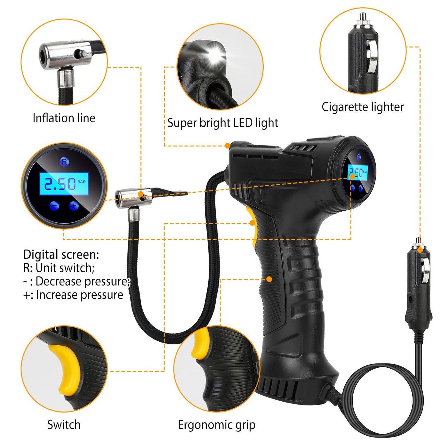 Compact 12V Digital Tire Inflator with LED Light - 150 PSI Portable Air Pump for Cars.