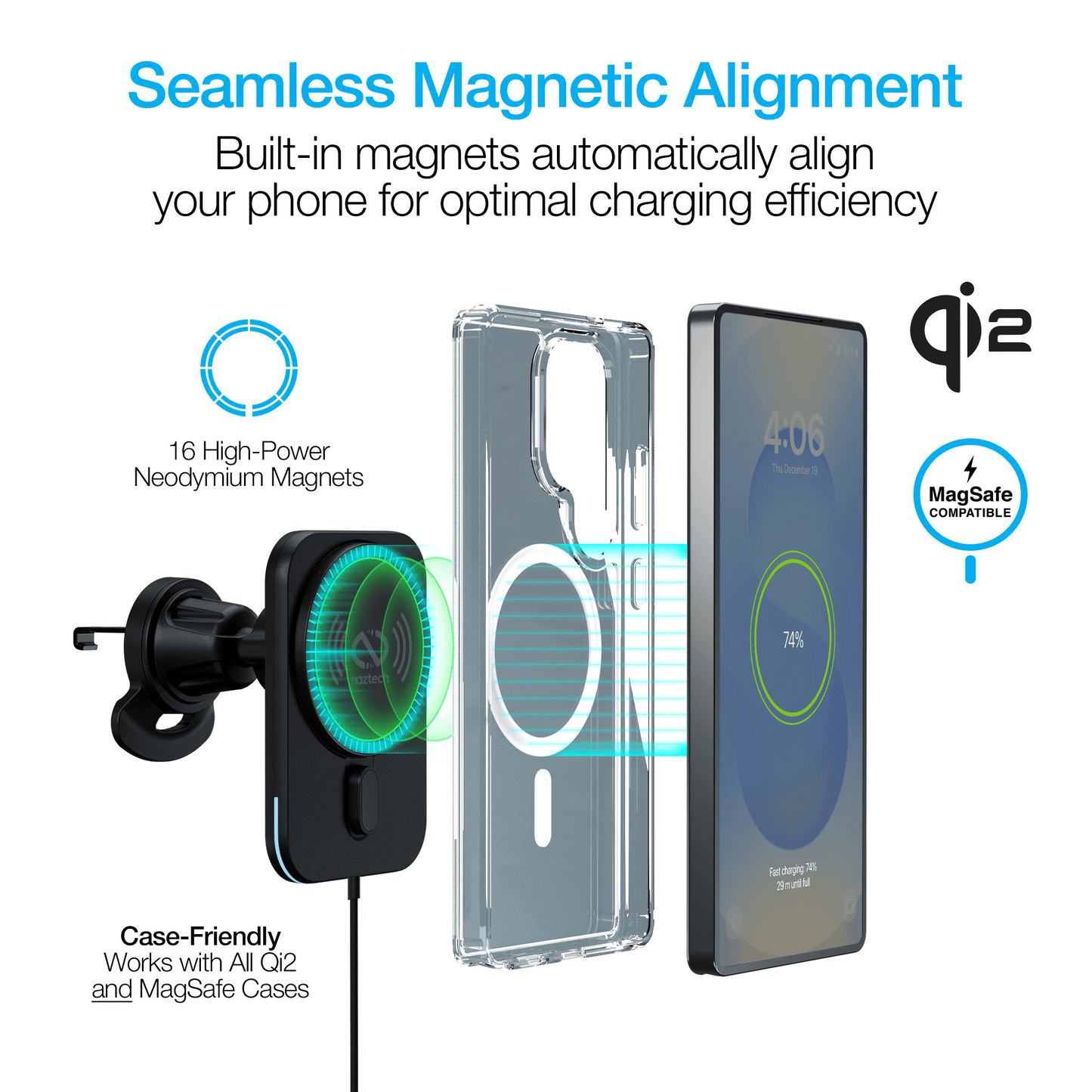 Naztech MagLock CAR 15W Magnetic Wireless Fast Charging Vent Mount with Qi2.
