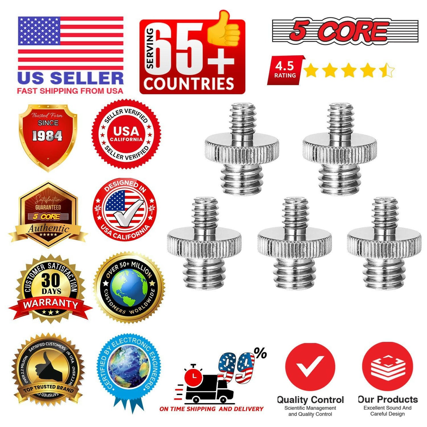 5 Core 3/8 to 1/4 Adapter 5Pcs Camera Mount Durable Tripod Screw Adapter for DSLR Monopod Microphone & Lighting 1/4 to 3/8 Screws Set - 1/4M-3/8M Camera Screw 5Pcs.