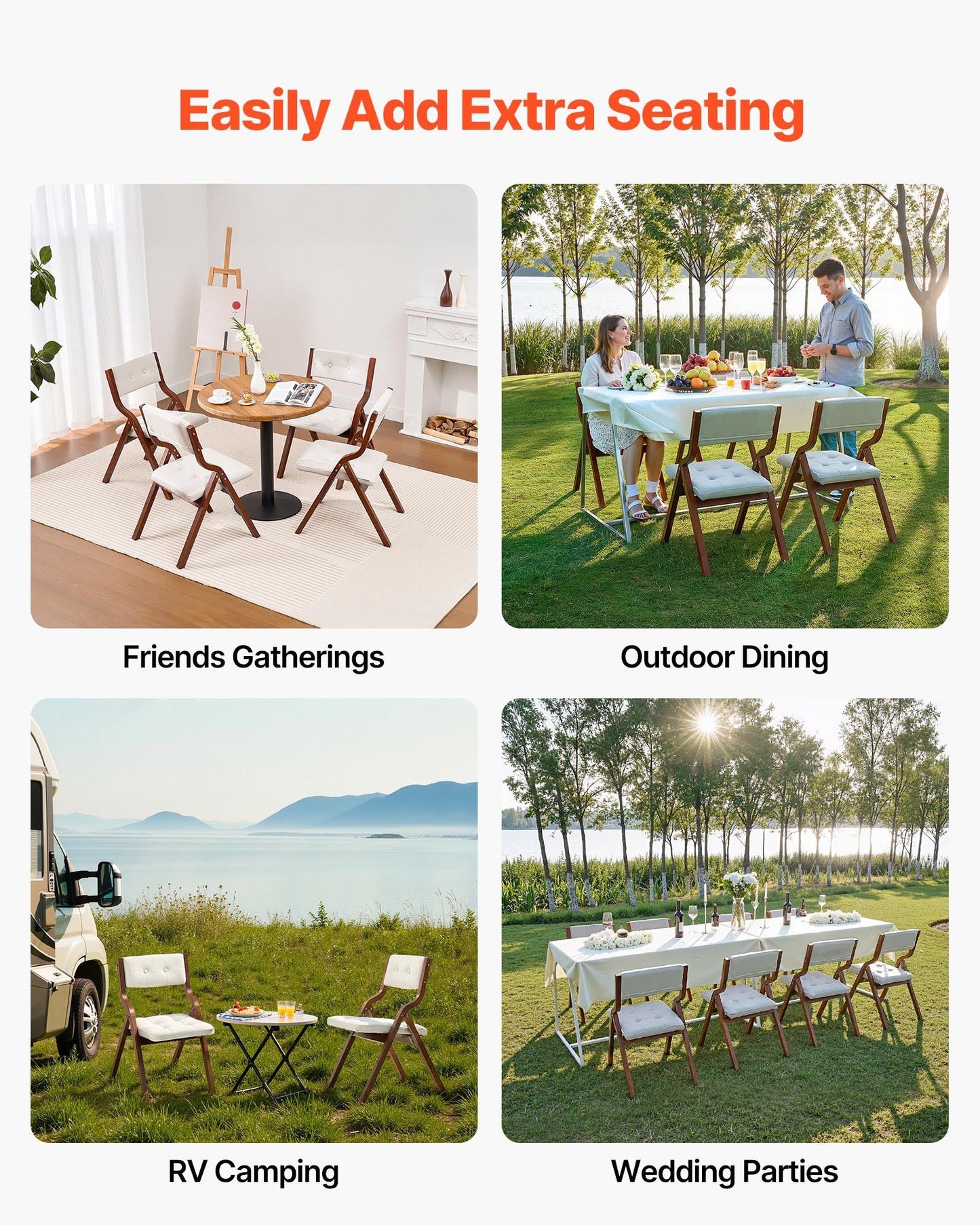 Wooden Folding Chairs with Padded Cushion and Wooden Frame White Set of 2.