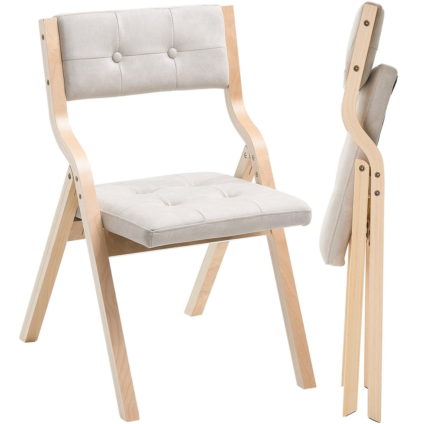 Wooden Folding Chairs with Padded Cushion and Wooden Frame Beige Set of 4.