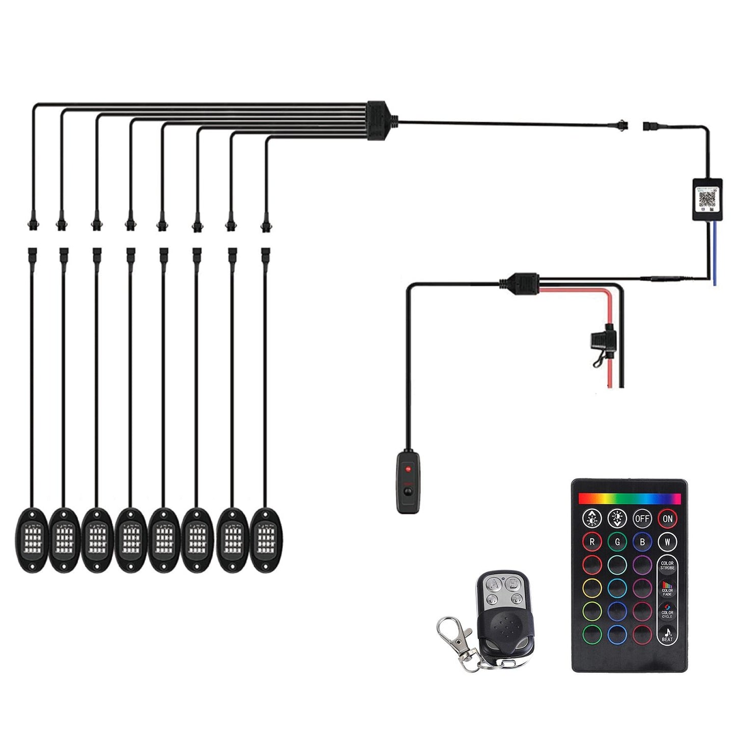 8 Pods RGB LED Rock Lights DC12V Car Neon Light Kit IP68 Waterproof Underglow Lights with Double Remote Controls Wireless APP Control for Jeep Truck UTV SUV.