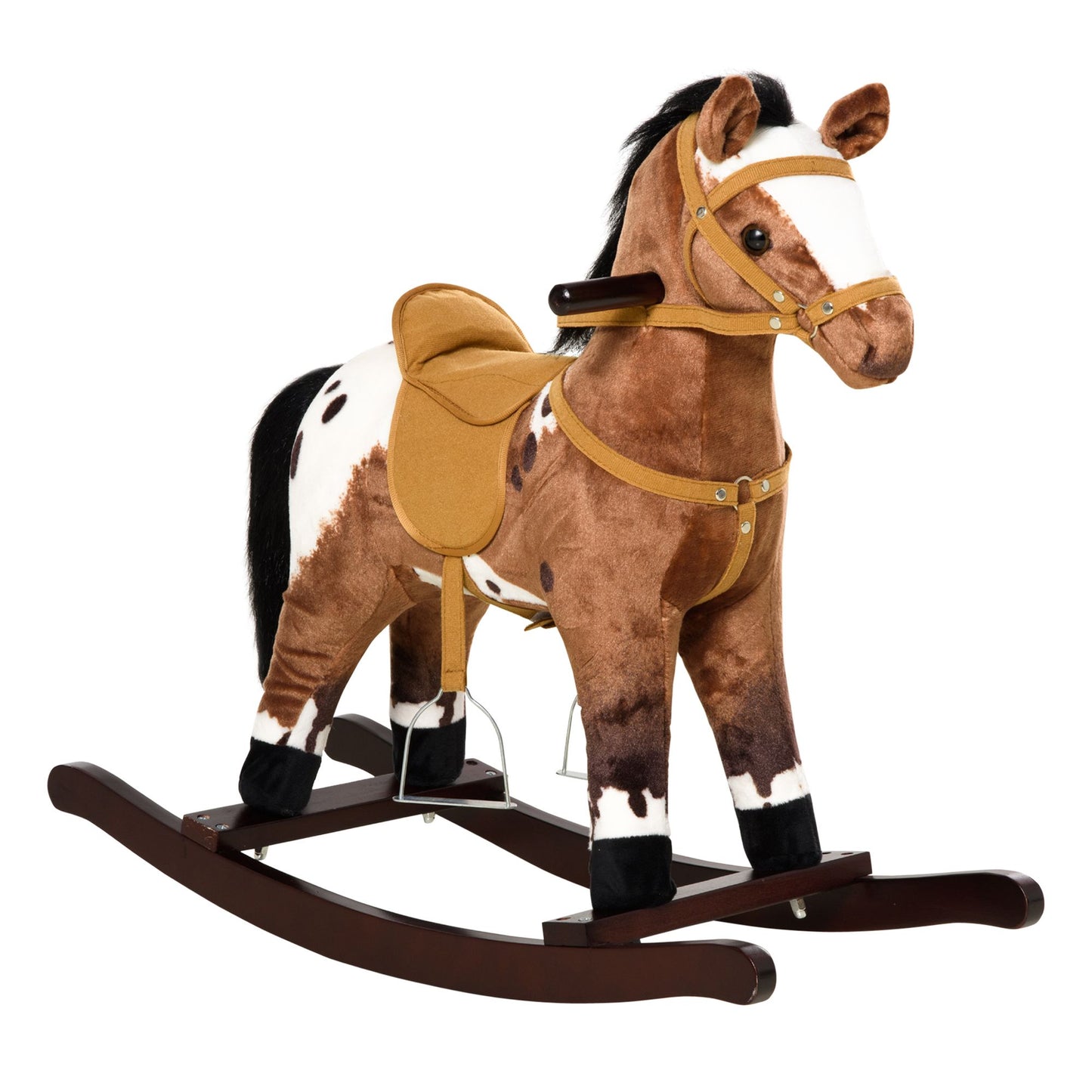 Qaba Kids Metal Plush Ride-On Rocking Horse Chair Toy With Realistic Sounds - Dark Brown/White.