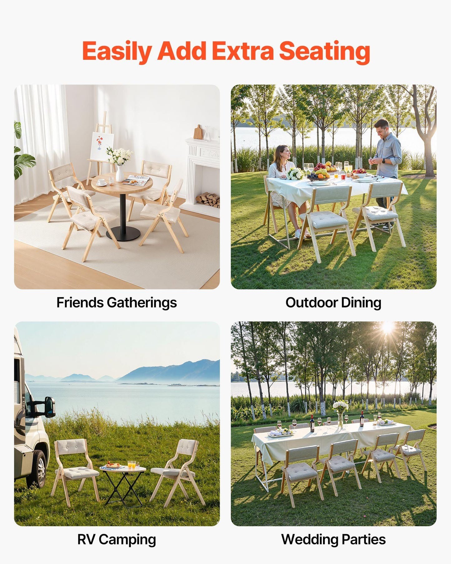 Wooden Folding Chairs with Padded Cushion and Wooden Frame Beige Set of 4.